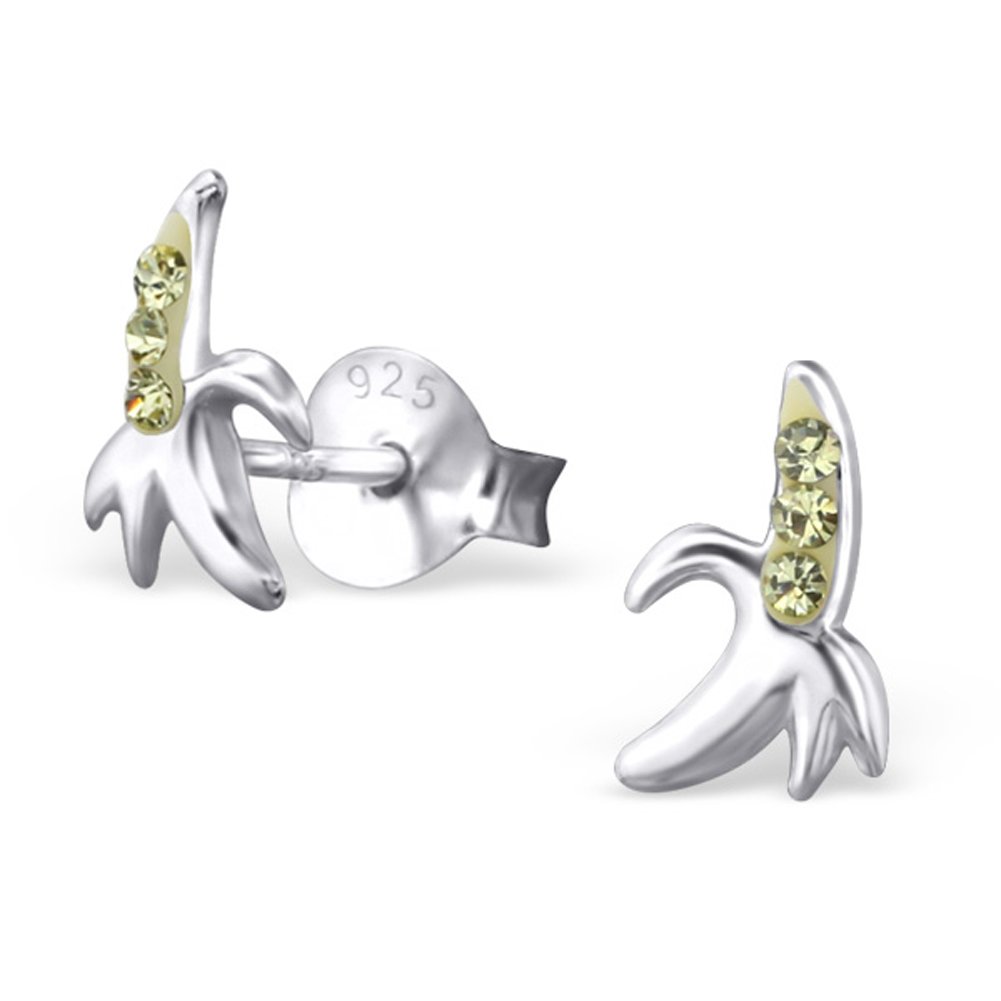 925 Sterling Silver Tiny Crystal Banana Stud Earrings for Girls - Perfect for School, Parties & Everyday Wear (E22254N)