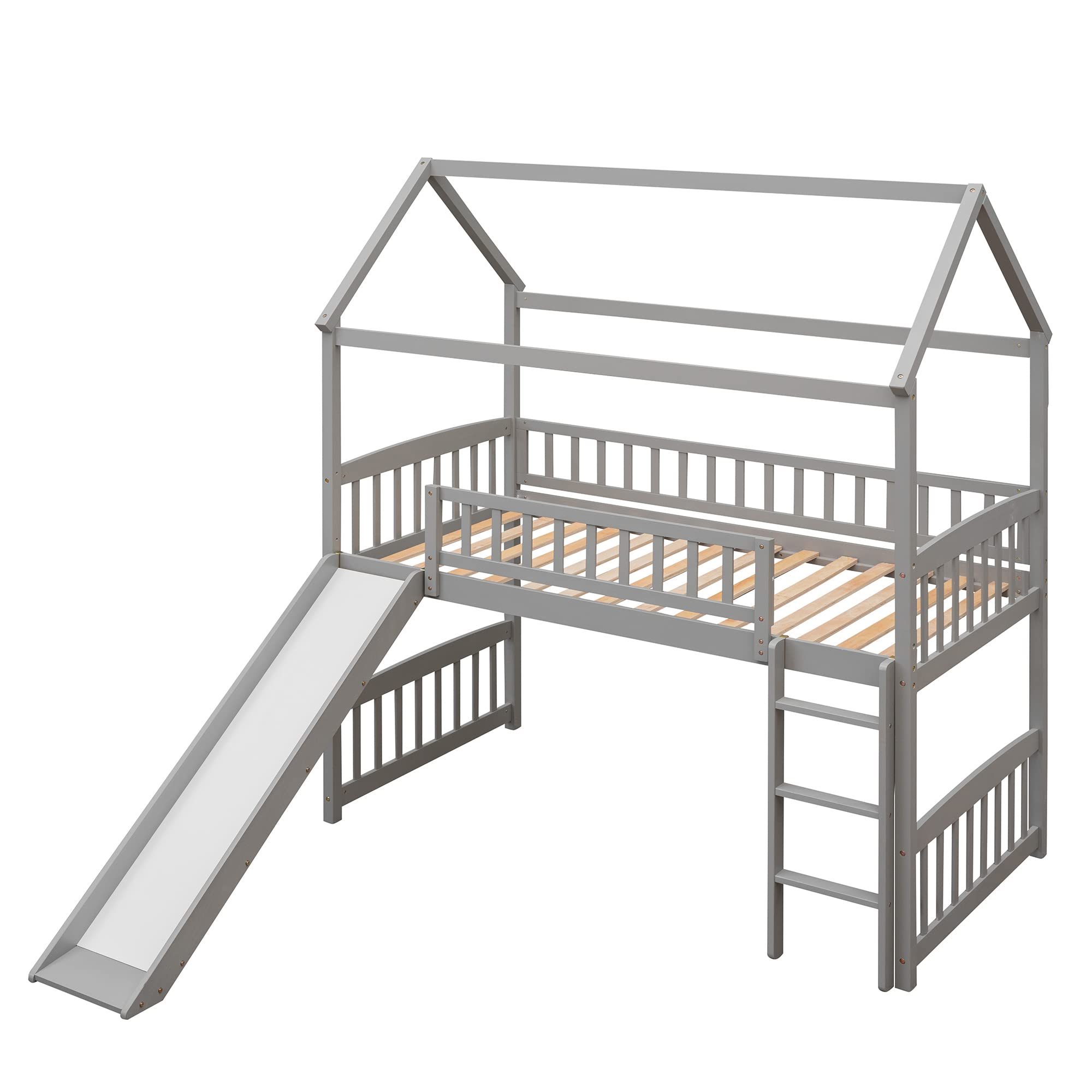 Bellemave Twin Loft Bed with Slide - Wooden House Style Bunk Bed with Roof for Kids & Toddlers - Space Saving Grey Loft Bed for Small Rooms - Perfect for Boys & Girls Bedroom, Playroom or Dorm