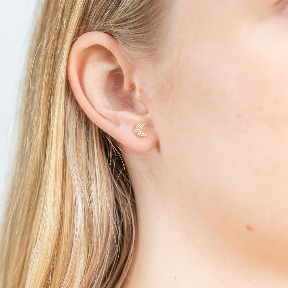 9ct Gold Filled Cubic Zirconia Moon Shape Stud Earrings for Women - Hypoallergenic Dainty Celestial Jewelry - Perfect for Everyday Wear, Date Night & Gift Giving
