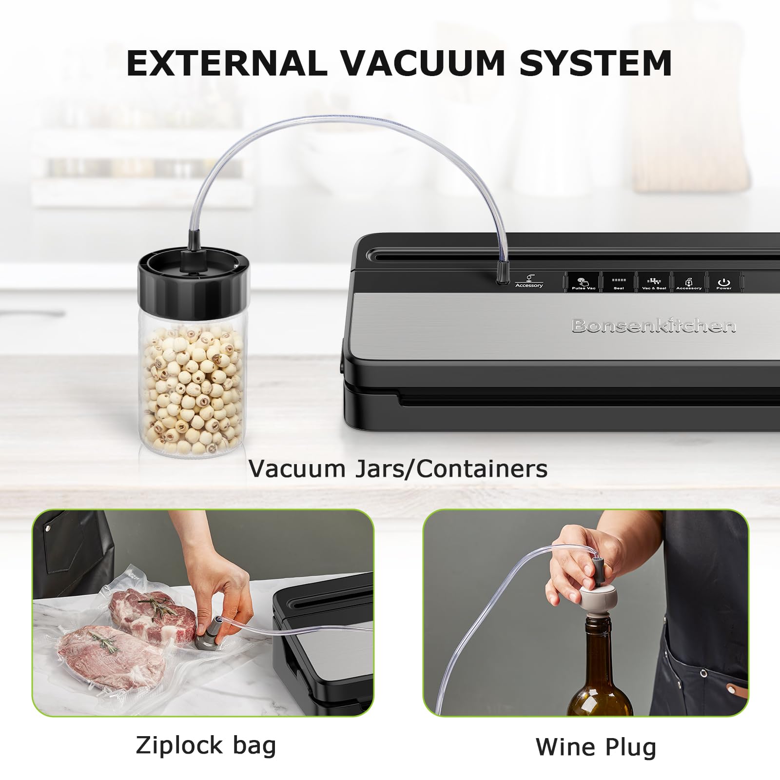 Bonsenkitchen Vacuum Sealer Machine - Automatic Food Sealer with 50 Bags & 1 Roll, Built-in Cutter | High-Speed Continuous Sealing for Meat, Cheese, Vegetables | Compact Design for Kitchen, Camping & Meal Prep (Black)