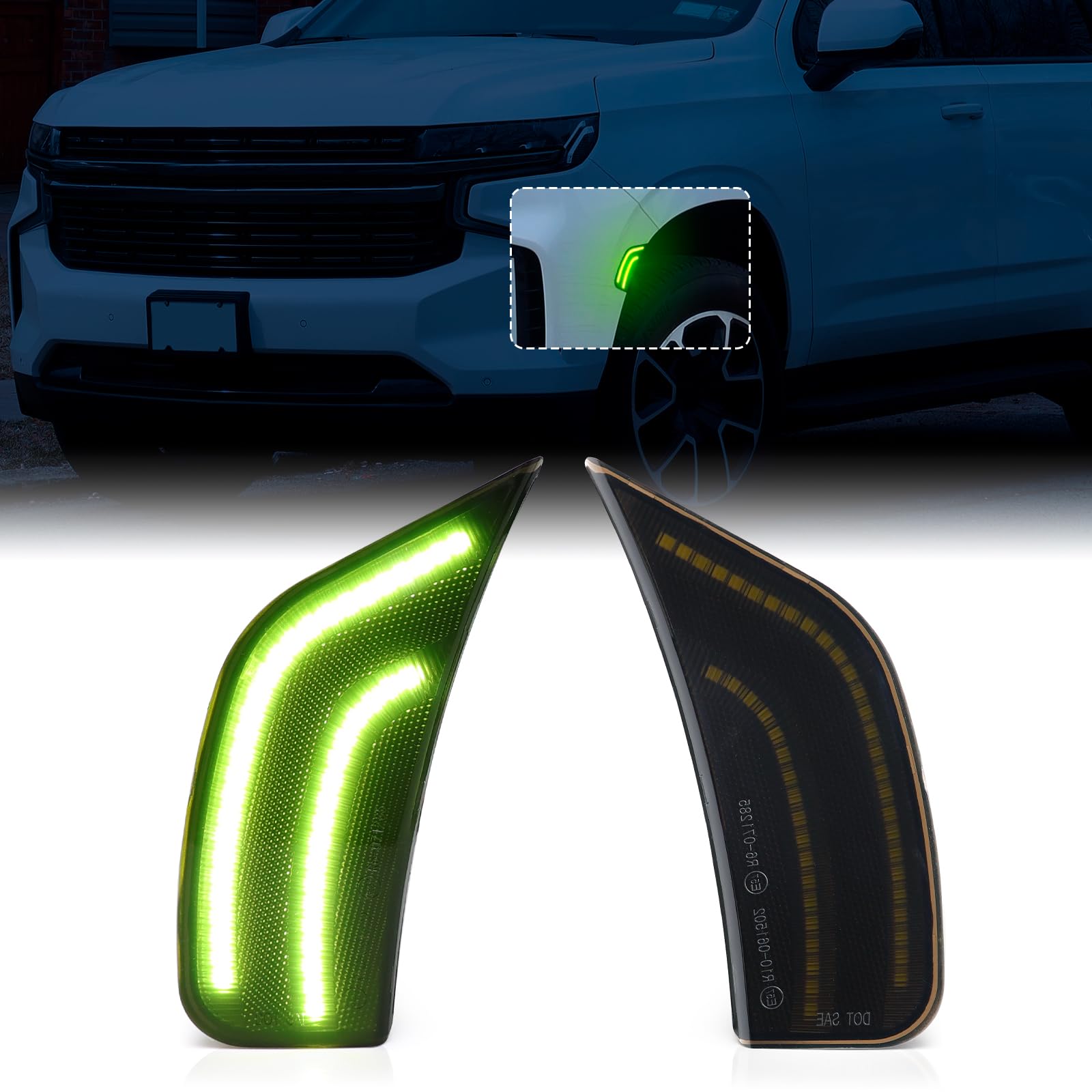 Lenom Smoked Green LED Side Marker Lights for Chevy Tahoe Escalade ESV Yukon XL Denali Suburban 2021-2024 - Durable Front Bumper Driving Lights (Pack of 2) - Perfect for Off-Roading & Nighttime Visibility