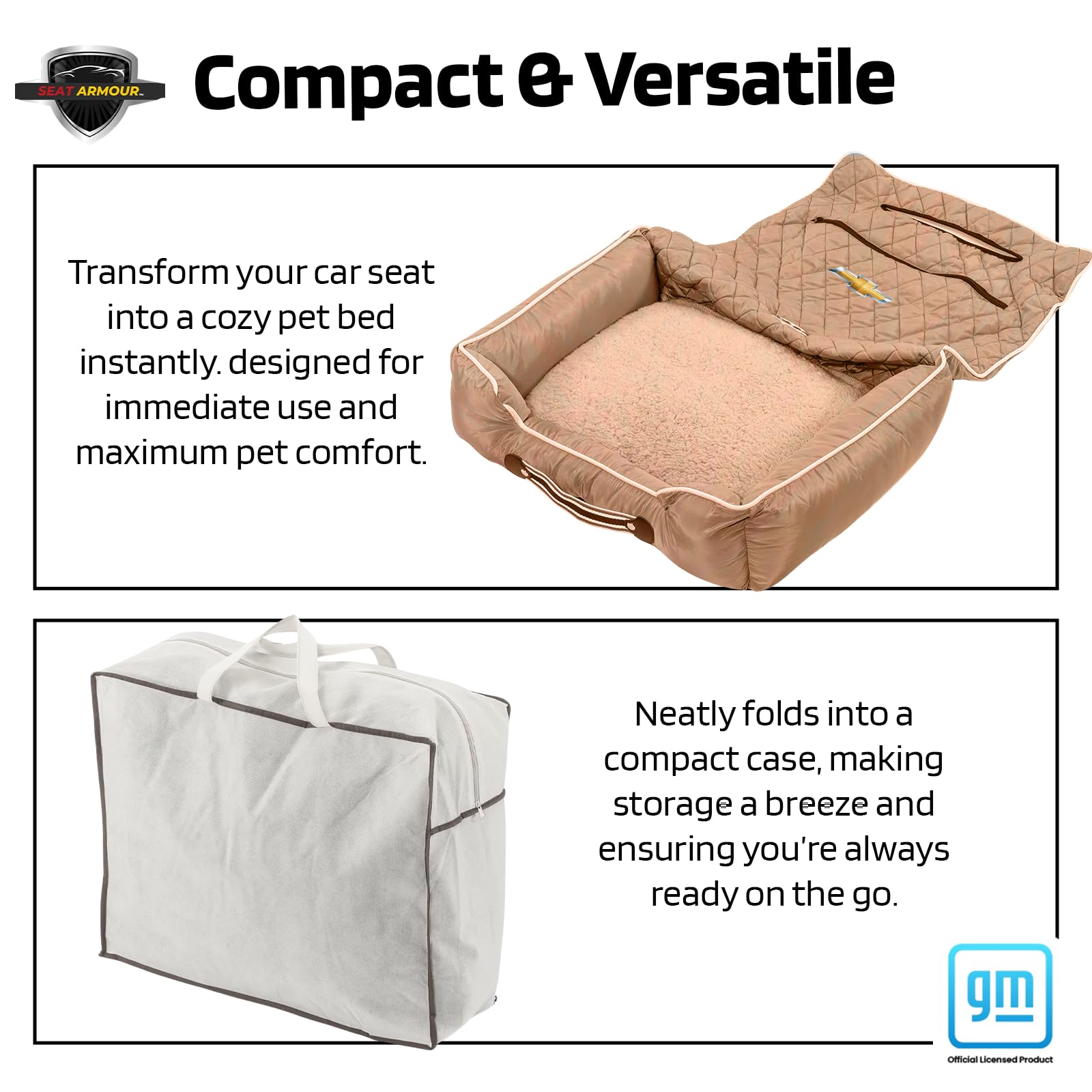 Seat Armour Chevrolet PetBed2GO Dog Car Seat Cover – 2-in-1 Pet Bed & Car Seat Protector – Waterproof, Non-Slip, Full Protection for Pets – 26x20x6 inches, 3.5 lbs, Tan – Perfect for Travel, Road Trips & Daily Commutes with Your Dog