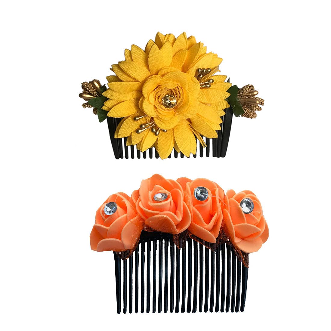 GadinFashion™ Women's Wedding Hair Accessories - Floral Side Comb Clip & Juda Pin Set (Pack of 2) - Orange & Yellow Bridal Hairpins for Brides, Bridesmaids & Flower Girls - Perfect for Weddings, Prom & Special Occasions