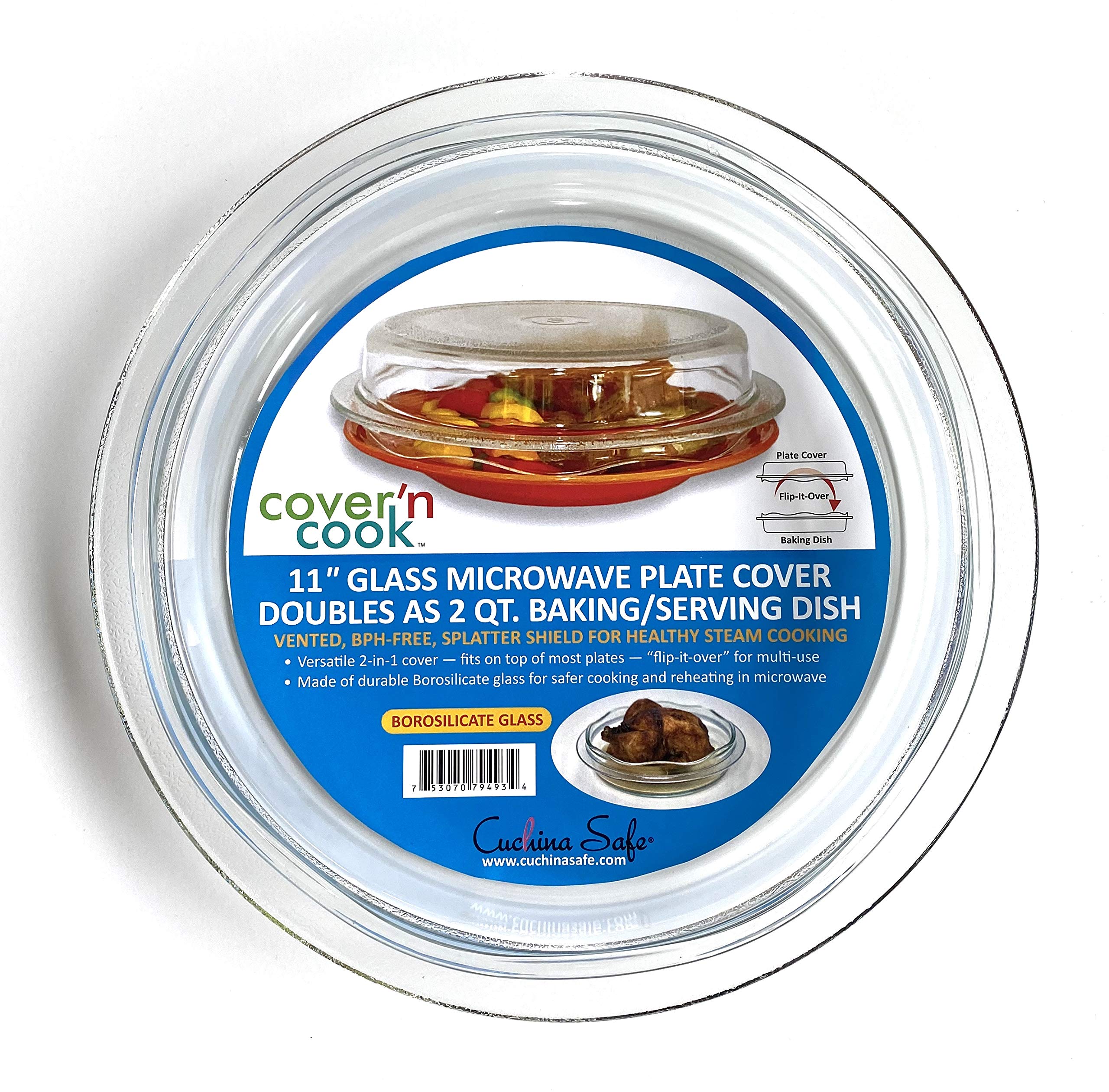 2-in-1 Cover 'n Cook Vented Glass Microwave Plate Cover & Baking Dish - Splatter Guard for Microwave & Oven - BPA-Free, Easy Grip Handle for Baking, Cooking & Serving - Perfect for Meal Prep, Reheating & Family Dinners
