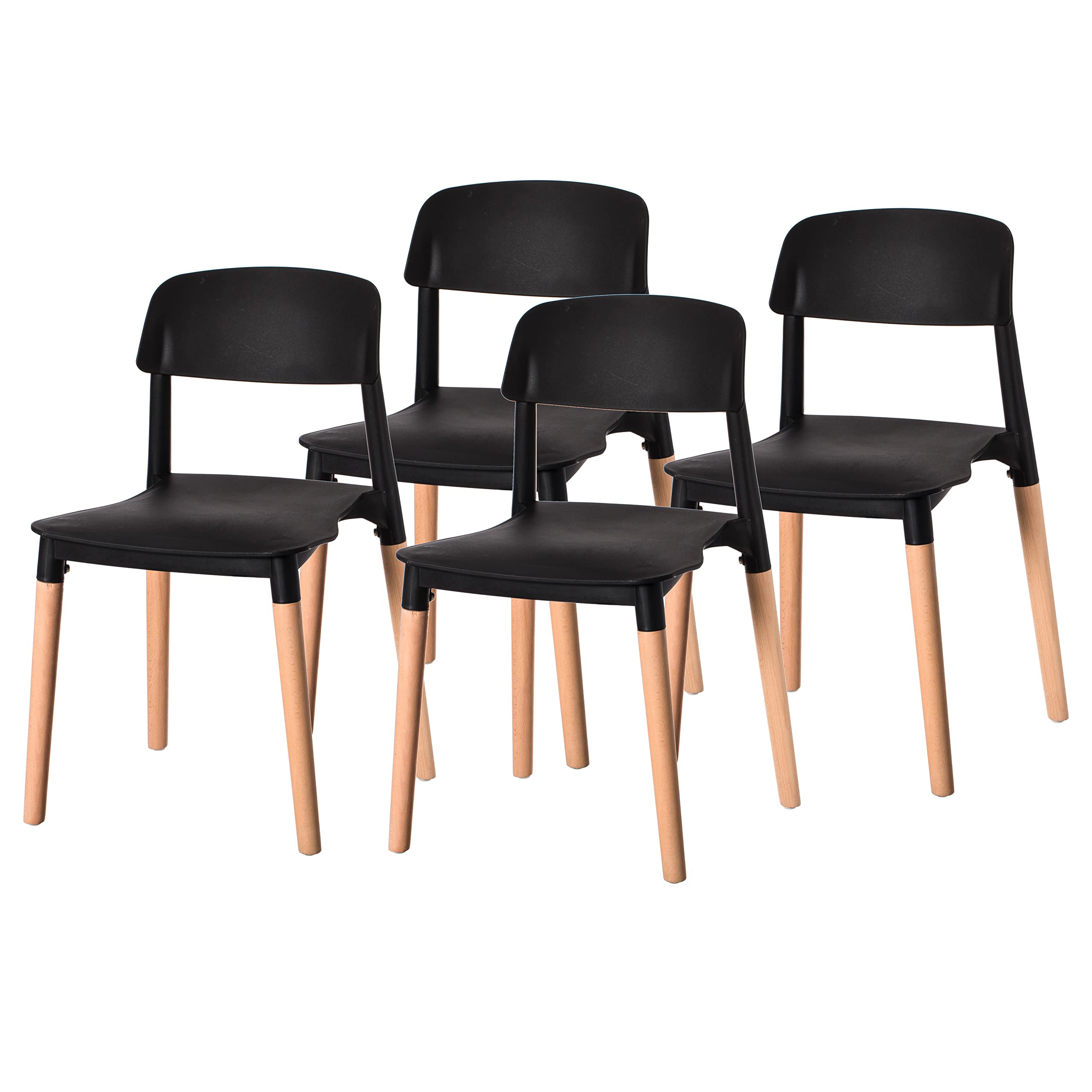 Fabulaxe Modern Plastic Dining Chairs with Beech Wood Legs - Set of 4 Black Open Back Kitchen Chairs for Dining Room, Restaurant, and Outdoor Patio Use