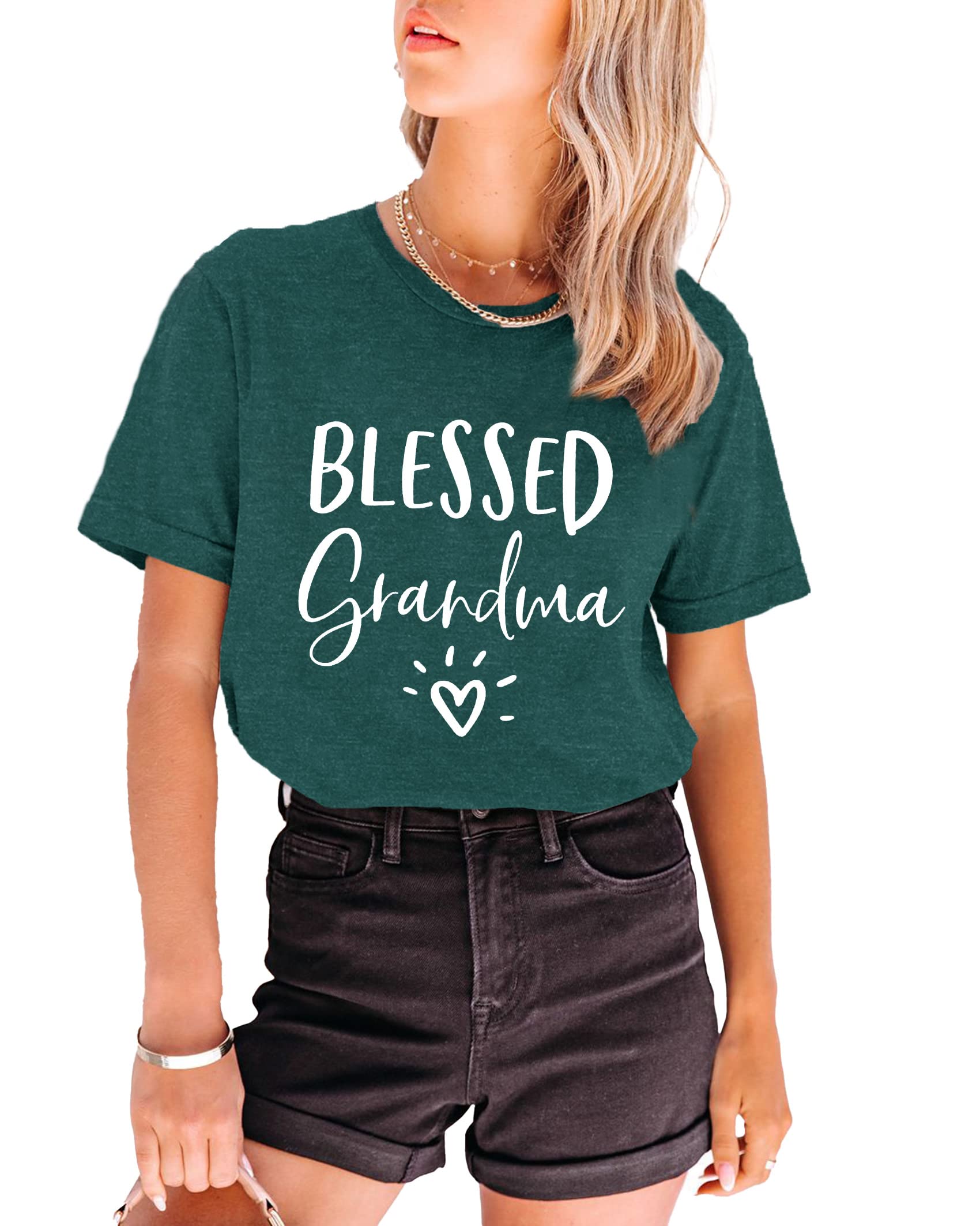 Blessed Grandma T-Shirt for Women - Heart Graphic Tee - Comfortable Cotton Top - Perfect Gift for Grandmothers (Green) - Ideal for Family Gatherings, Mother's Day & Birthday Celebrations