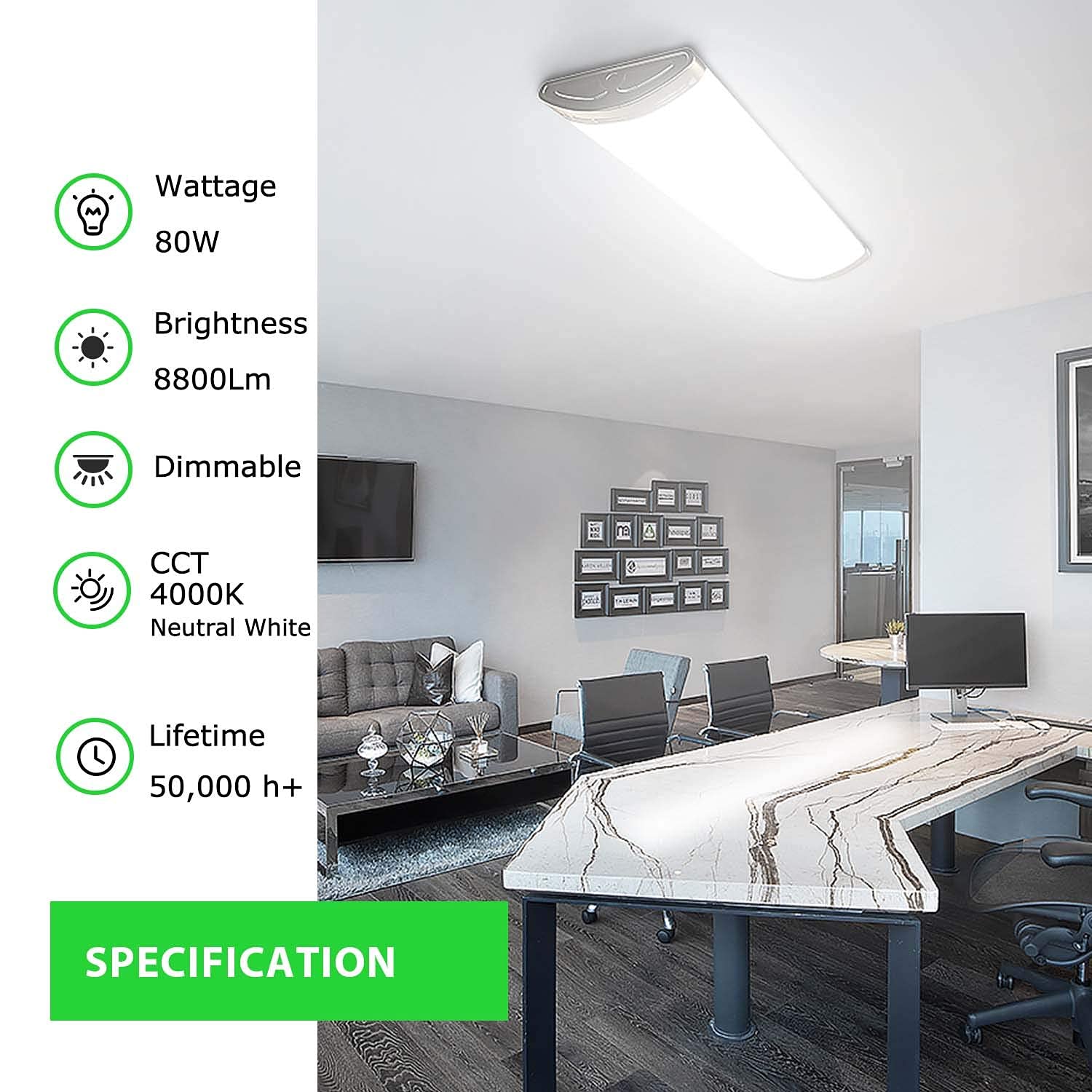 4FT LED Light Fixture 80W 8800 Lumens, Dimmable 4 Foot Flush Mount Ceiling Light 4000K Cool White - Energy Saving Indoor LED Lighting for Kitchen, Laundry Room, Garage, Basement, Workshop - Fluorescent Replacement (2 Pack)