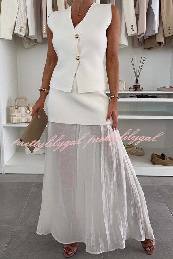 Elegant Knit & Tulle Elastic Waist Pleated Maxi Skirt for Women - Boho Chic Flowy Long Skirt for Summer, Beach, Parties & Special Occasions
