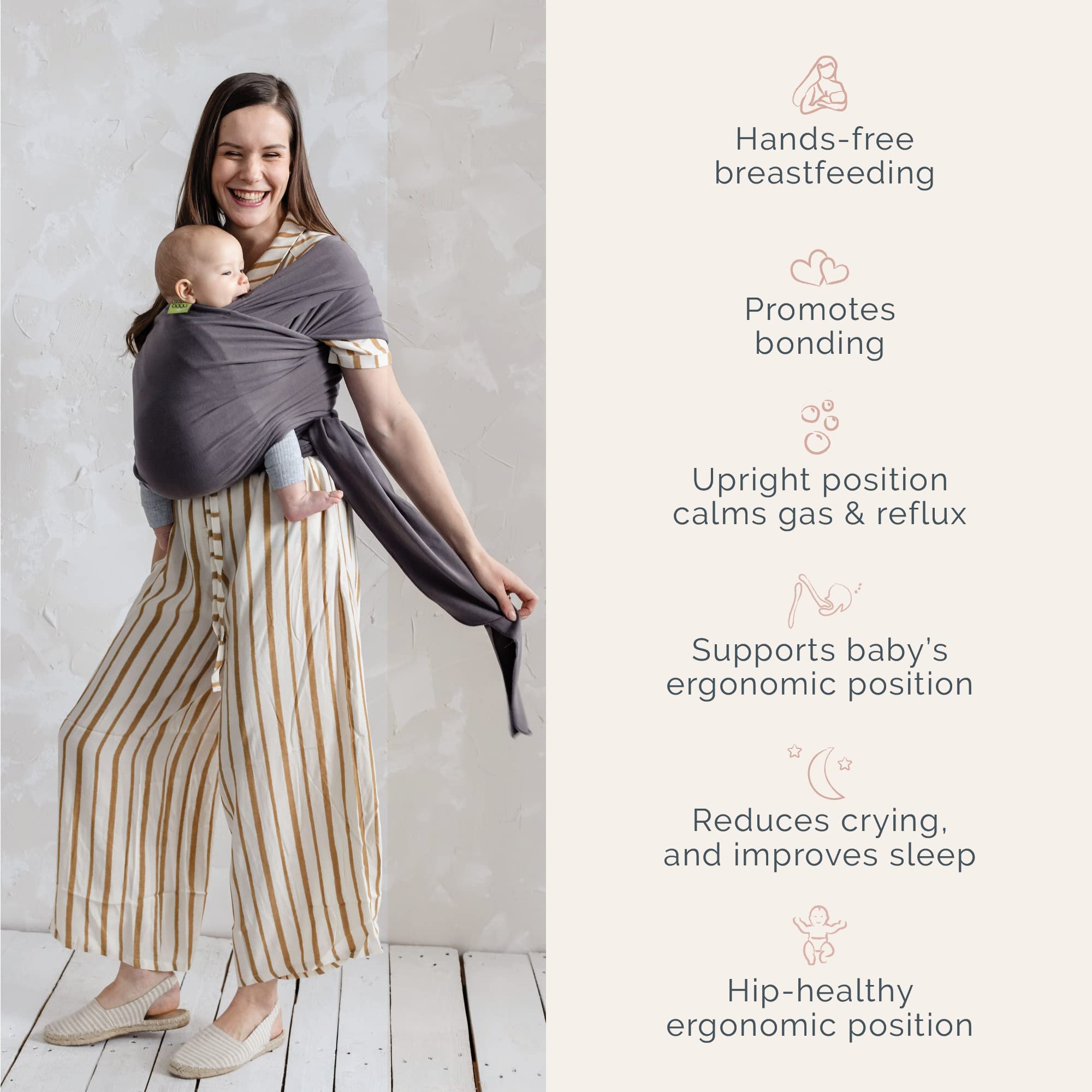 Organic Baby Wrap Carrier - Soft & Breathable Baby Sling for Newborn to Toddler (0-24 Months) - Hands-Free Infant Holder for Nursing, Shopping & Outdoor Activities - Dark Grey