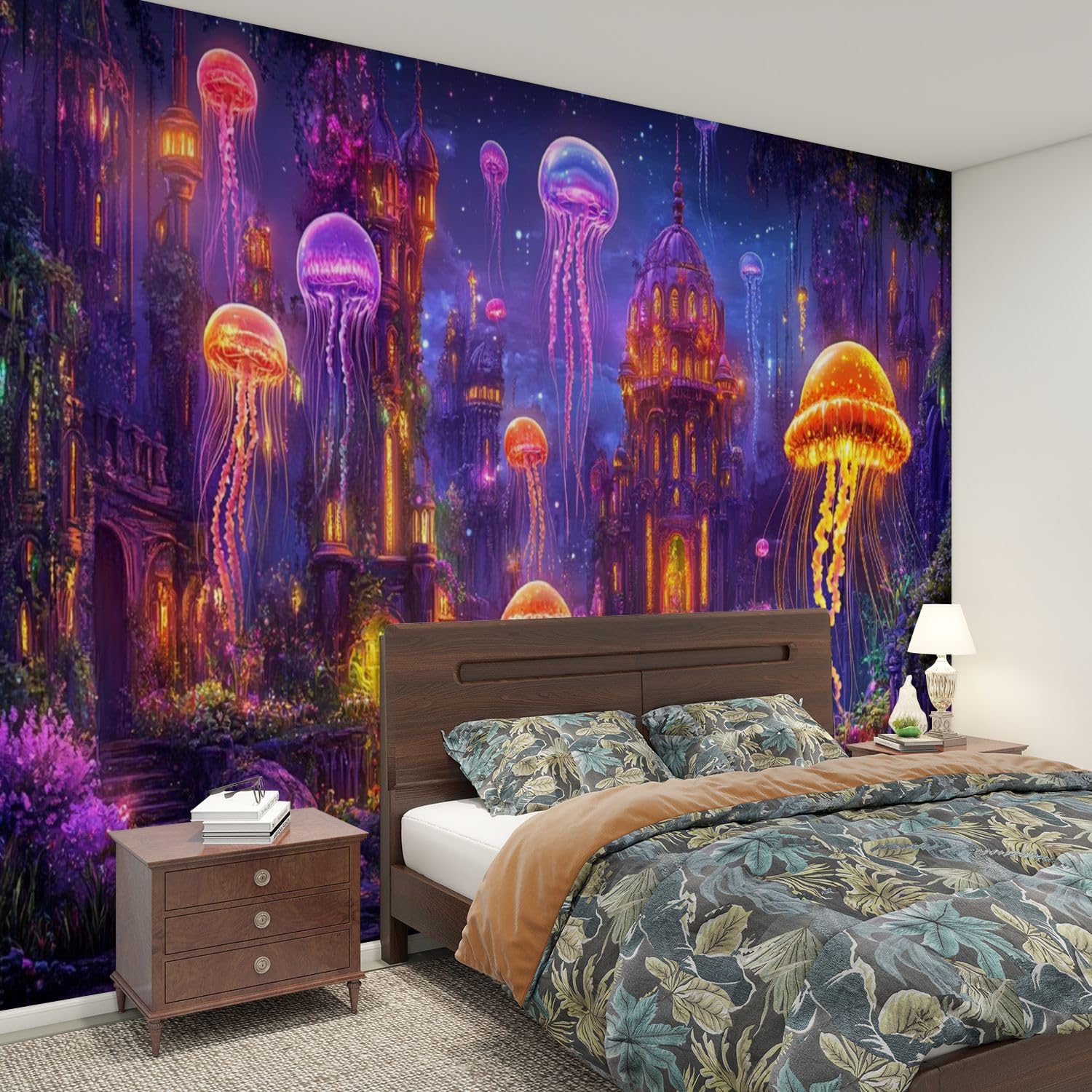 Modern Peel and Stick Wallpaper Mural - Jellyfish Fantasy Glow Lights Self-Adhesive Removable Wall Stickers for Kids Room, Living Room & Bedroom (100''x144'') - Perfect for Birthday & Christmas Gifts, TV Background & Home Decor