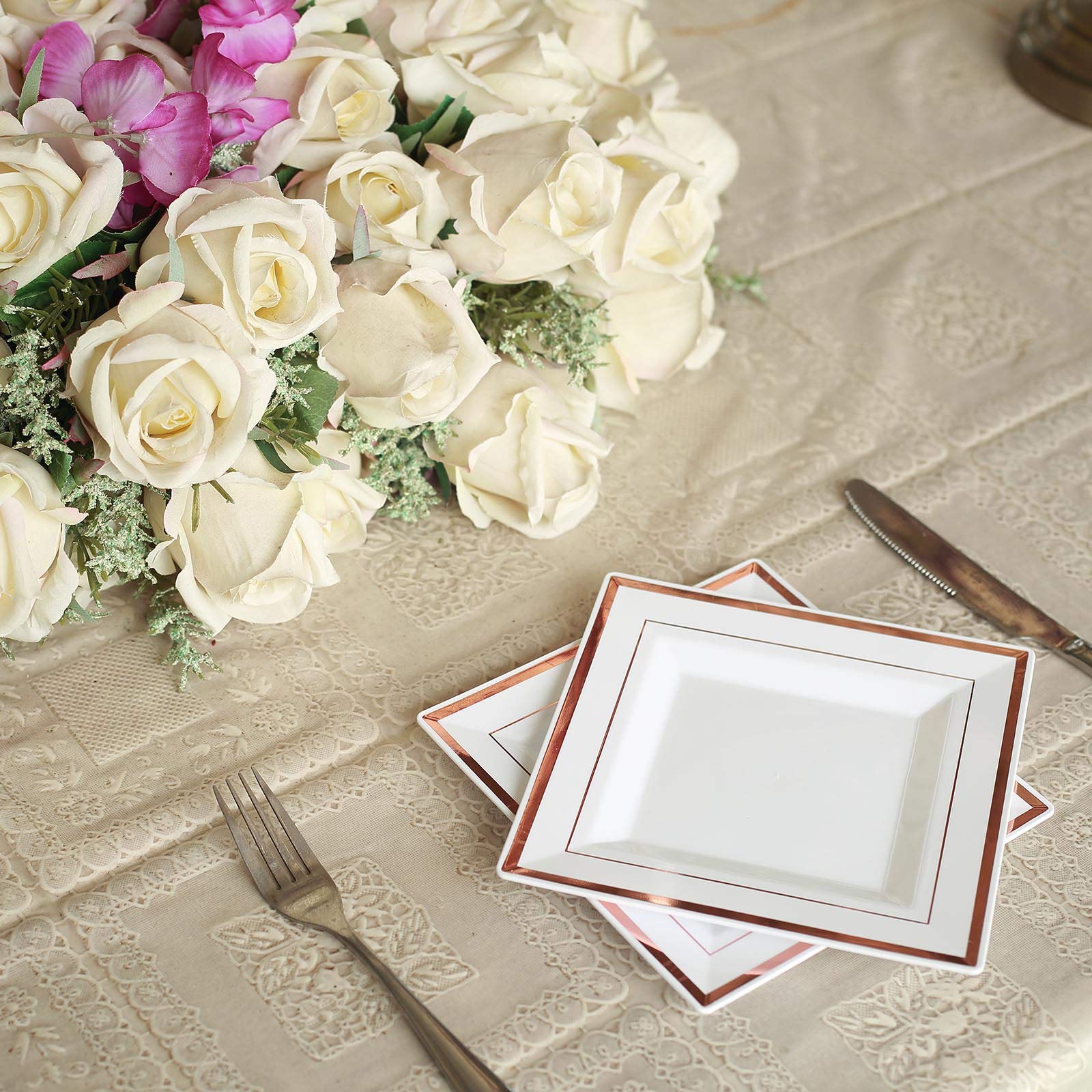 30-Pack 7-Inch White Plastic Square Plates with Rose Gold Trim - Elegant Disposable Tableware for Wedding, Party, Reception & Catering Events - Perfect for Elegant Dining & Special Occasions