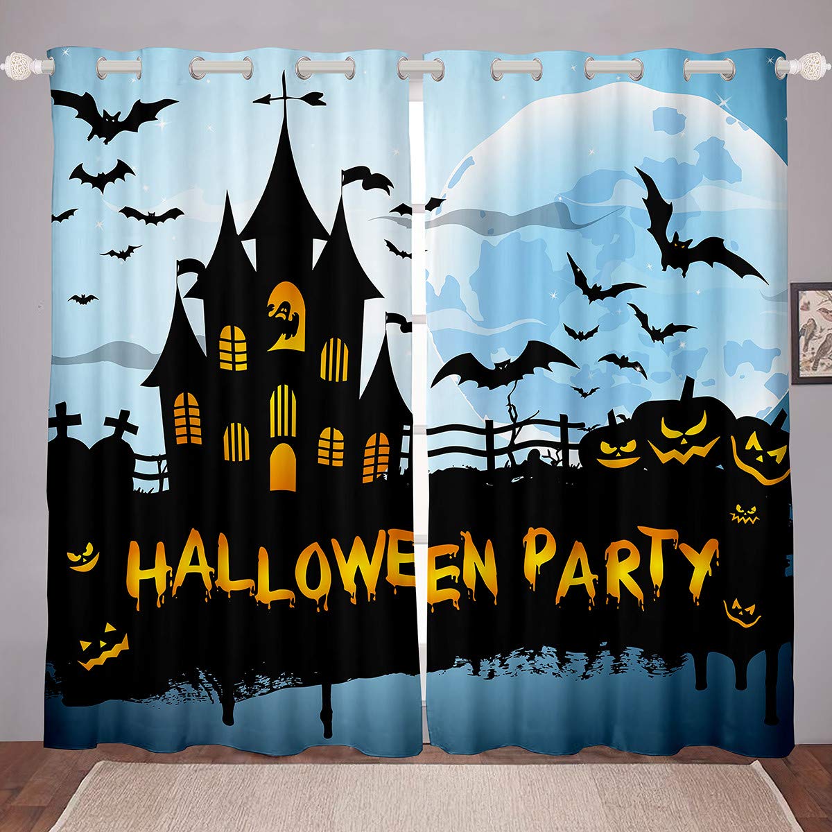 Spooky Halloween Window Curtains - Cartoon Castle & Moon Bat Design - Blackout Drapes for Bedroom, Living Room - Ghost Festival Decor - 2 Panel Set with Steel Grommets (104x84 Inches) - Perfect for Halloween Party Decorations & Themed Room Makeovers