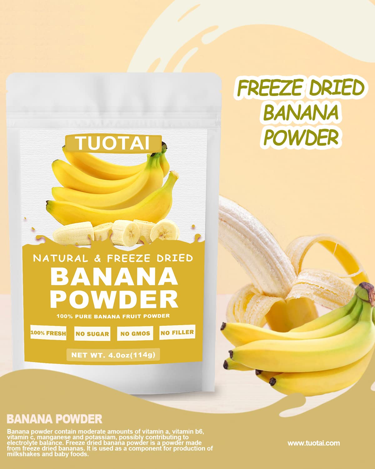 Freeze Dried Banana Powder 4oz - 100% Natural Banana Fruit Powder for Baking, Smoothies, Cakes & Healthy Snacks - Perfect for Vegan Recipes, Protein Shakes and Dessert Toppings