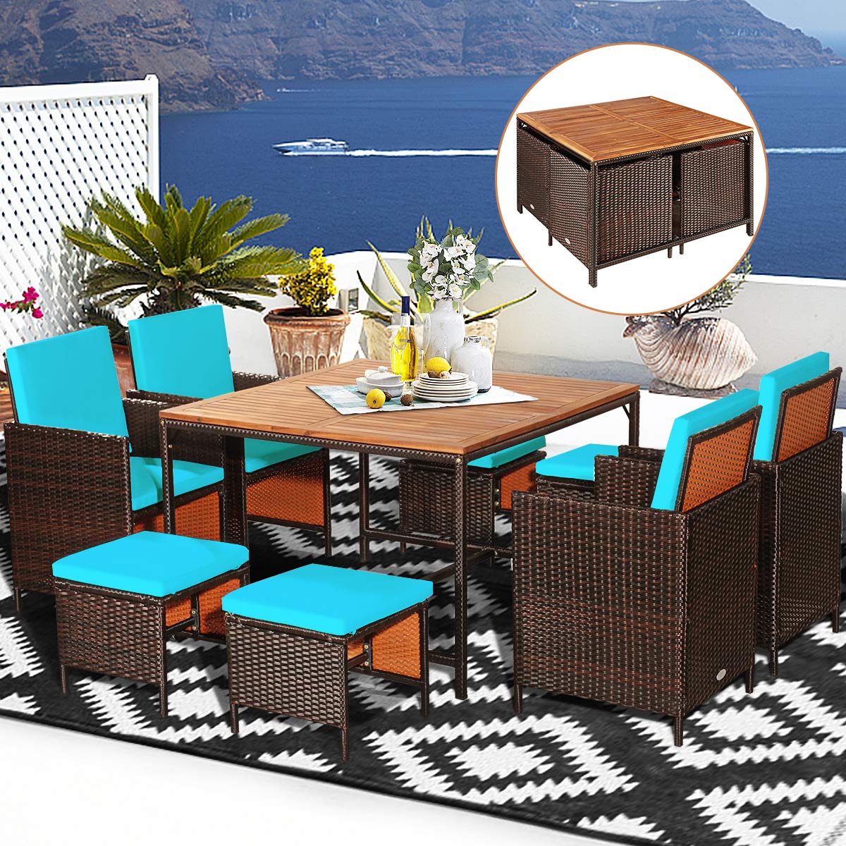 HAPPYGRILL 9-Piece Outdoor Patio Dining Set with Cushions - Acacia Wood Tabletop & Rattan Wicker Chairs - Space-Saving Garden Furniture for Backyard, Poolside, and Outdoor Entertaining
