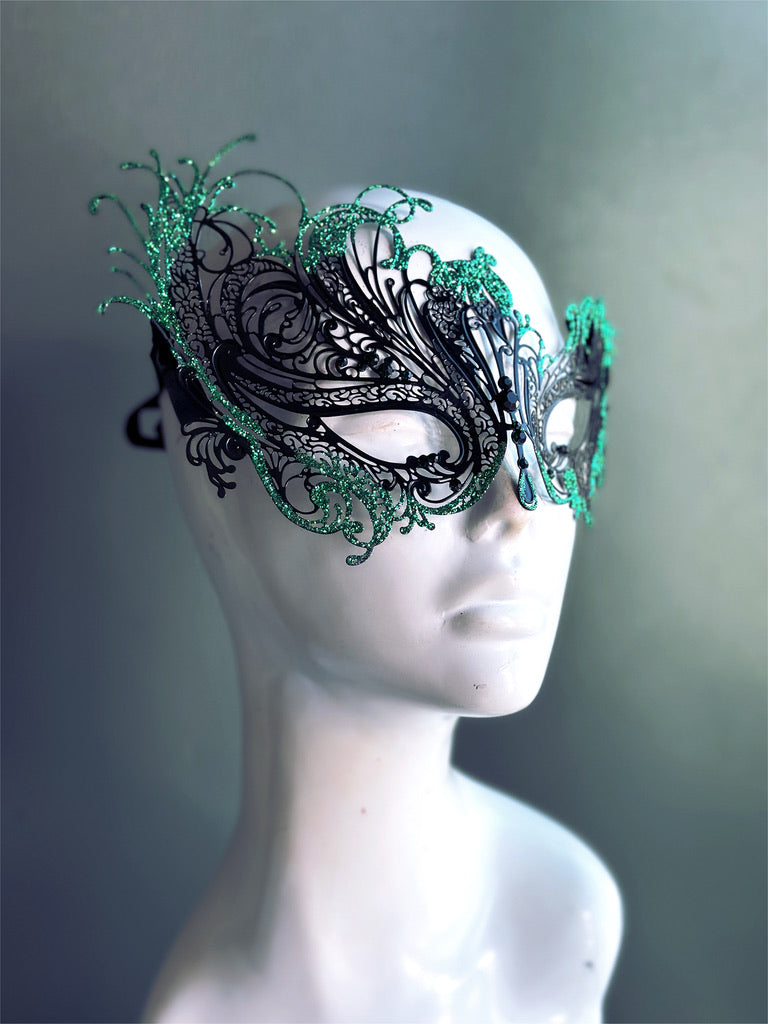 Black & Green Glitter Swan Mask - Elegant Feather Design for Mardi Gras, Halloween, Costume Parties & Themed Events