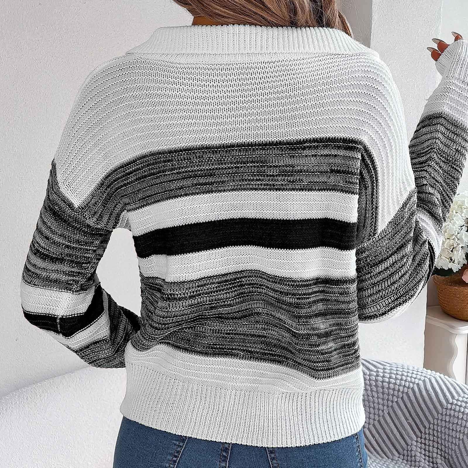 Women's Oversized Winter Sweater - Striped V-Neck Long Sleeve Knit Pullover | Soft & Slim Fit for 2024 Fall Fashion | Cozy Casual Wear for Office, Dates & Holiday Outfits