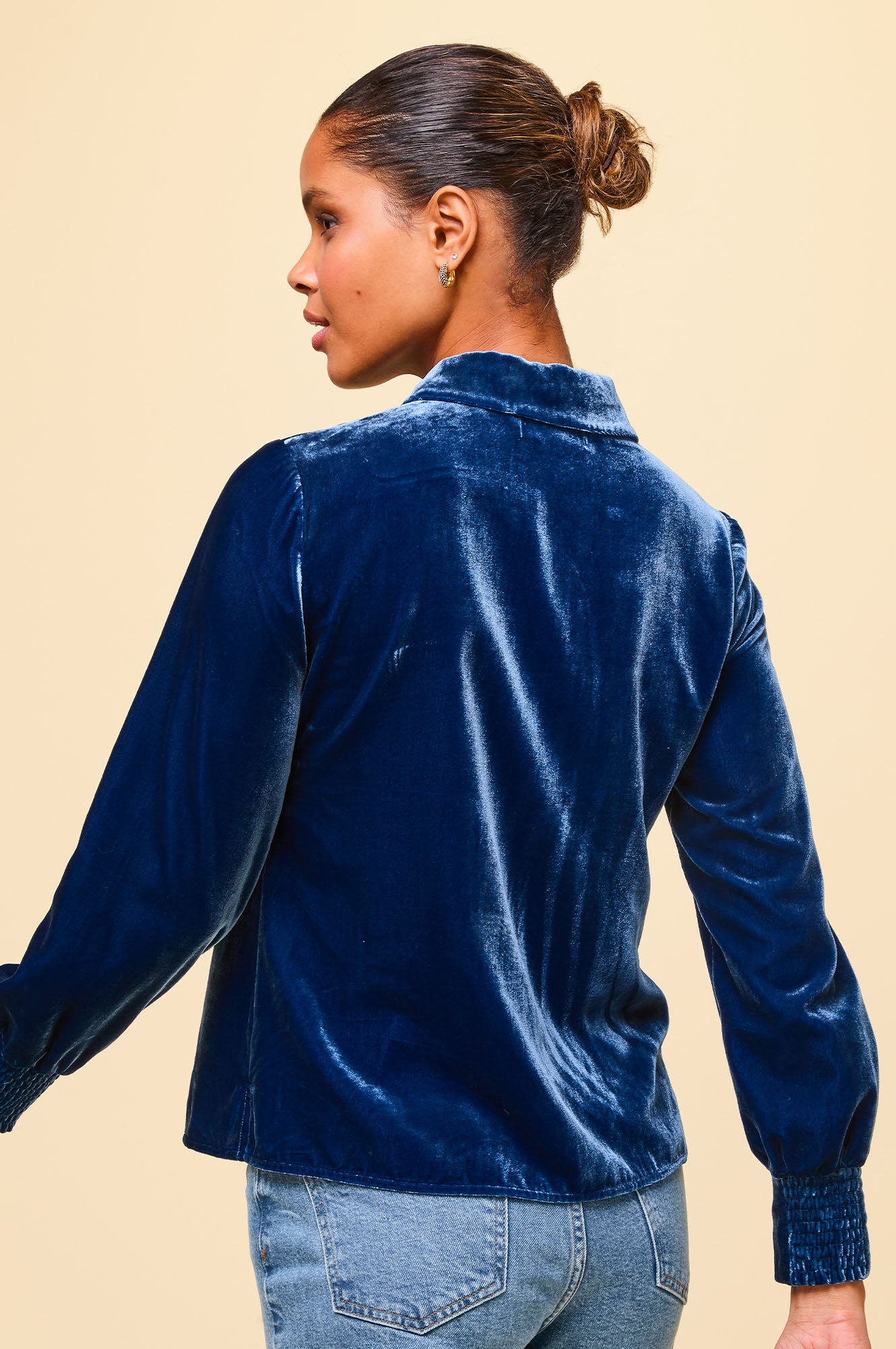 Ffion Velvet Shirt for Women - Soft Luxe Stretch Fabric, Blue Sapphire Color, Elegant Long Sleeve Blouse for Office, Date Night & Special Occasions