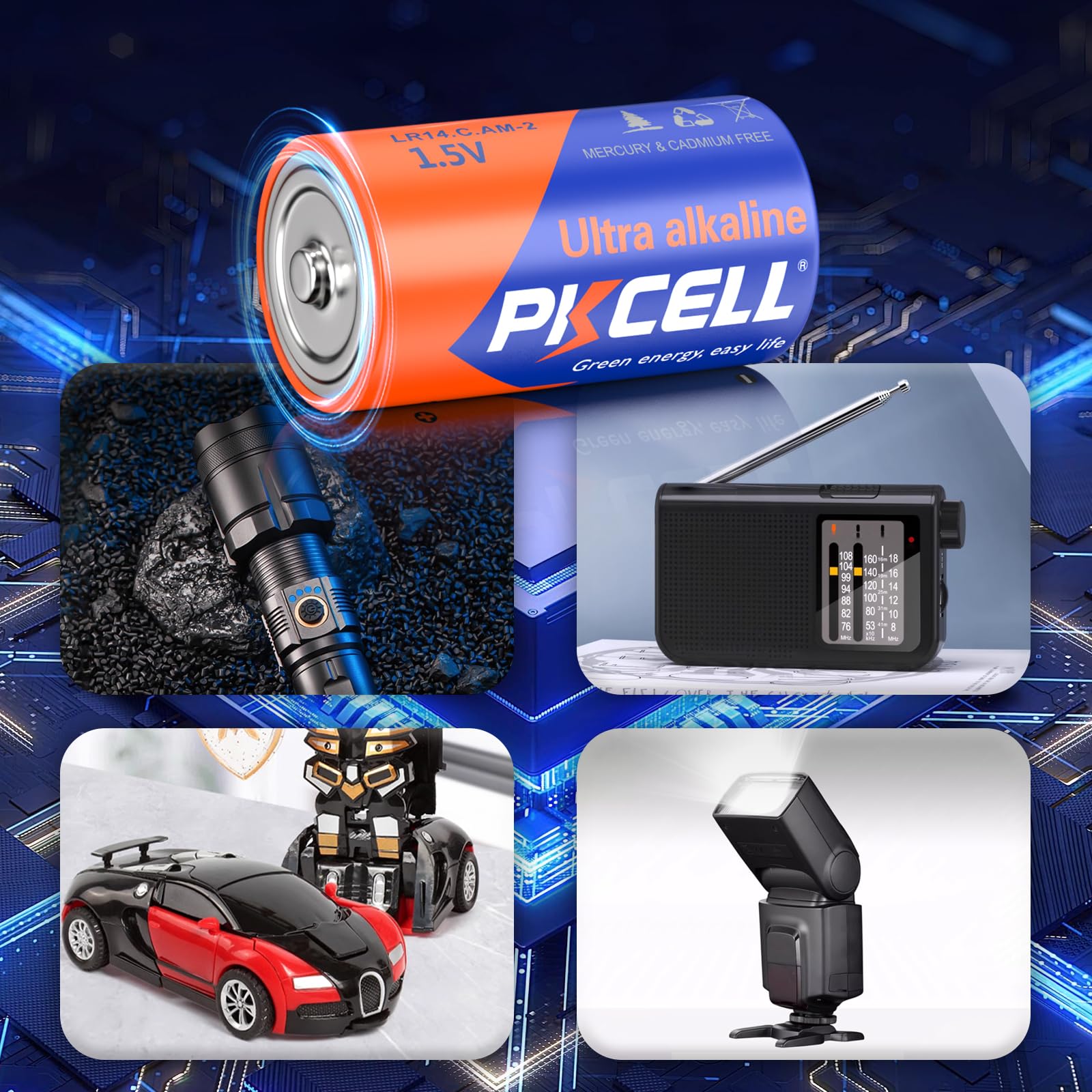 PKCELL Alkaline C & D Batteries Combo Pack - 2 LR14 C Size & 4 LR20 D Size (6 Count Total) 1.5V Long-Lasting Maximum Power Batteries for Flashlights, Toys, Radios, and Household Electronics