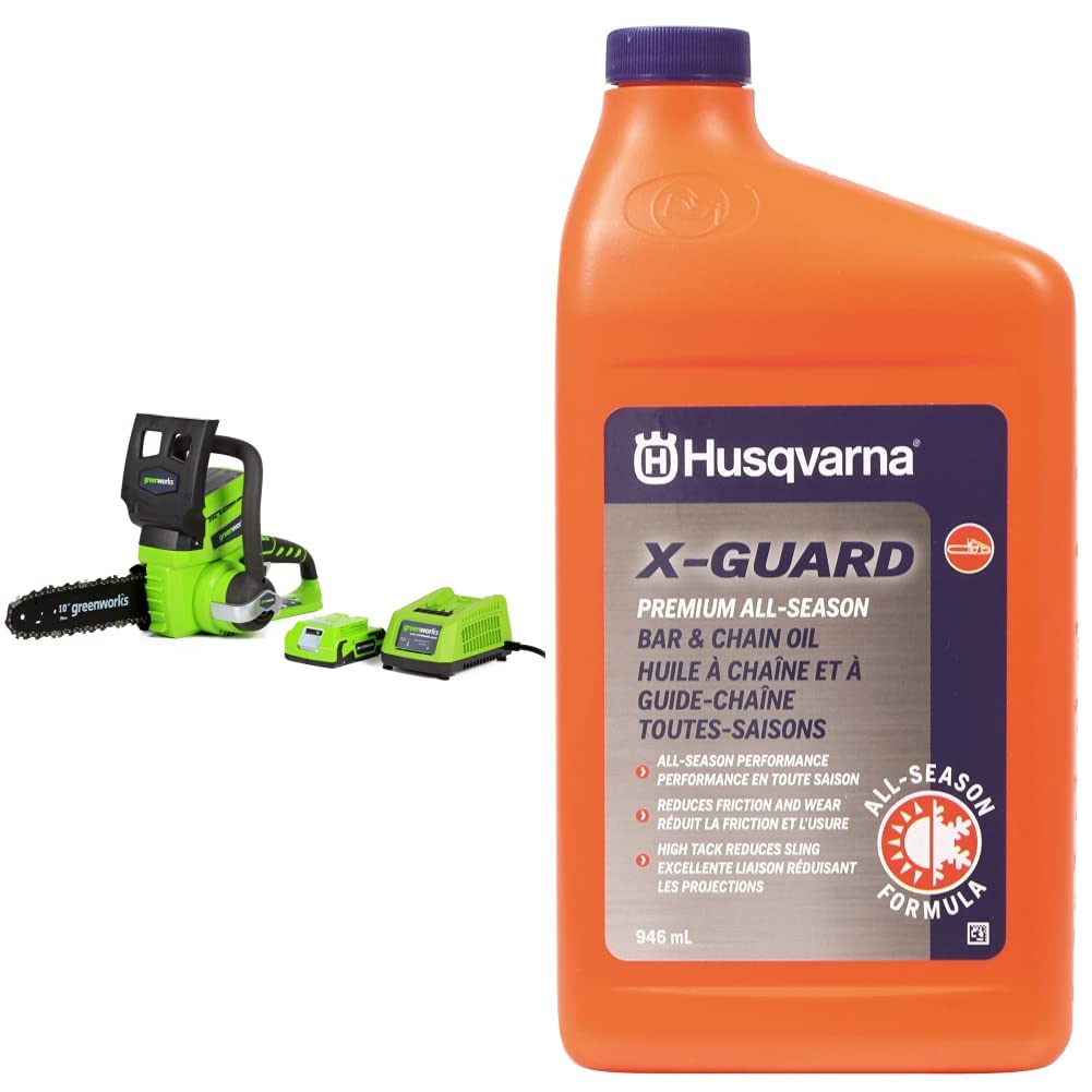 Greenworks 24V 10-Inch Cordless Chainsaw with 2.0Ah USB Battery & Charger | Husqvarna 593272001 X-GUARD Bar and Chain Oil (Grey) | Perfect for Tree Trimming, Firewood Cutting, and Yard Maintenance