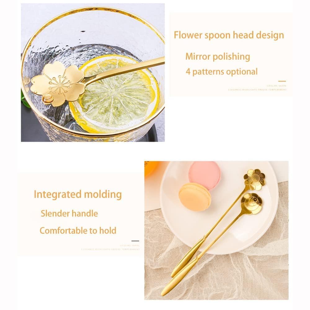 Zacova 18cm 4-Piece Stainless Steel Gold Flower Coffee Spoon Set - Elegant Dessert & Tea Spoons for Kitchen, Dining & Gifting - Perfect for Coffee Shops, Restaurants & Home Entertaining