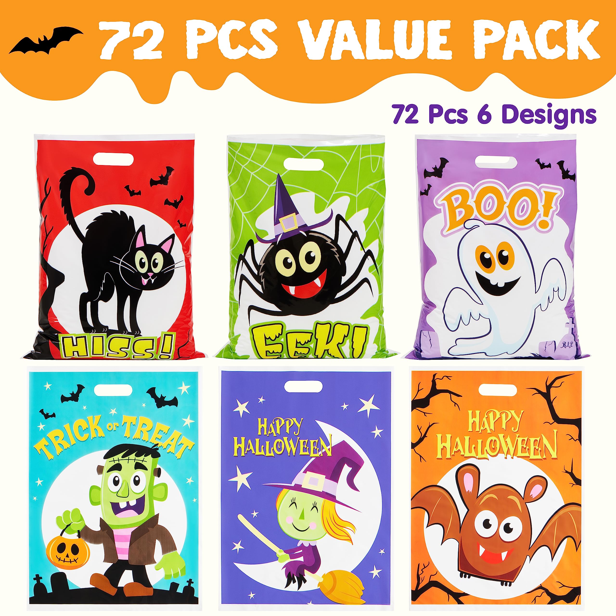 JOYIN 72-Piece Halloween Candy Bags for Trick or Treat - 6 Fun Character Designs, Plastic Goodie Bags for Halloween Party Favors & Supplies | Perfect for Classroom Treats, Neighborhood Trick-or-Treating & Halloween Party Giveaways
