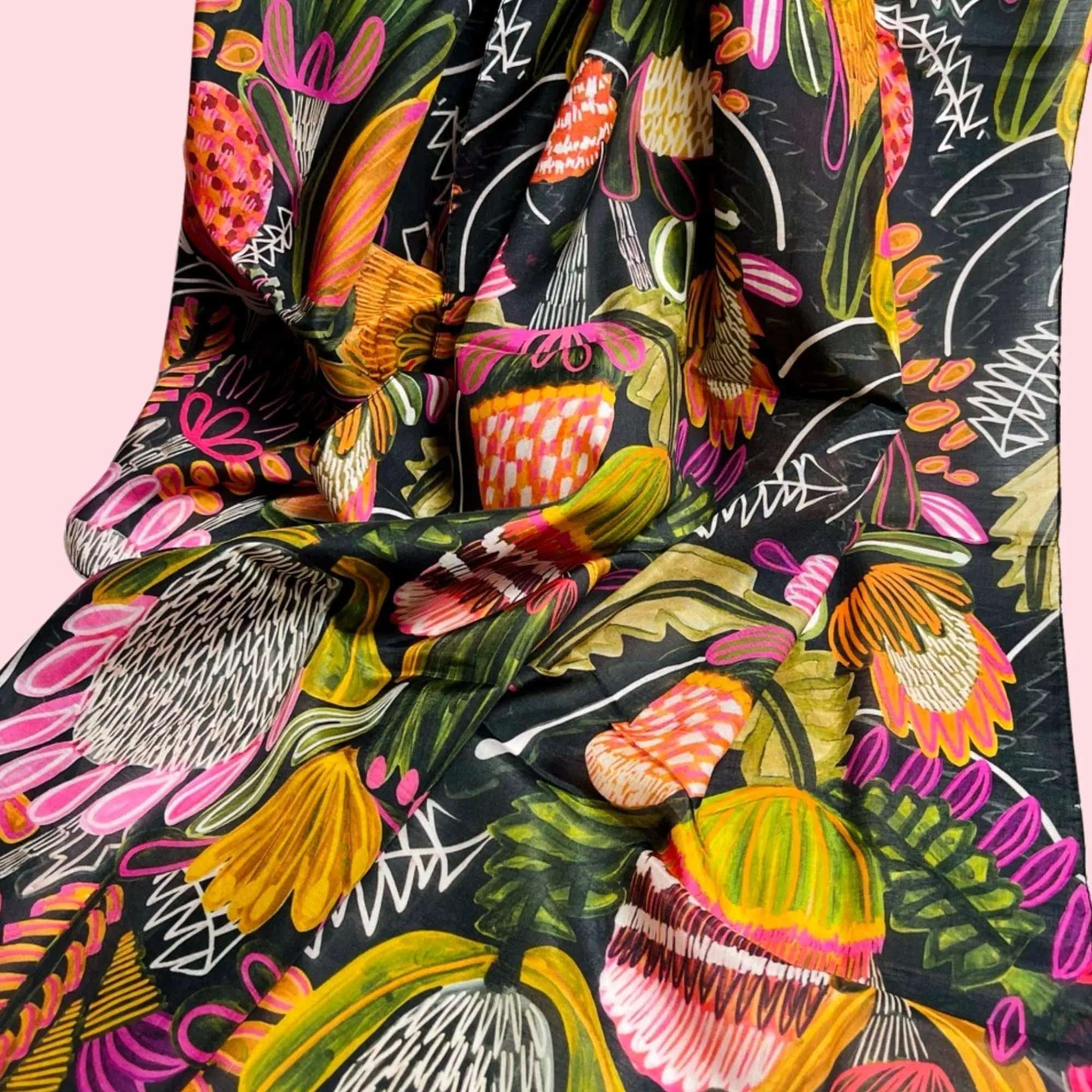 Bush Banksia Silk Scarf - Elegant Australian Floral Print Shawl for Women | Perfect for Weddings, Parties & Office Wear