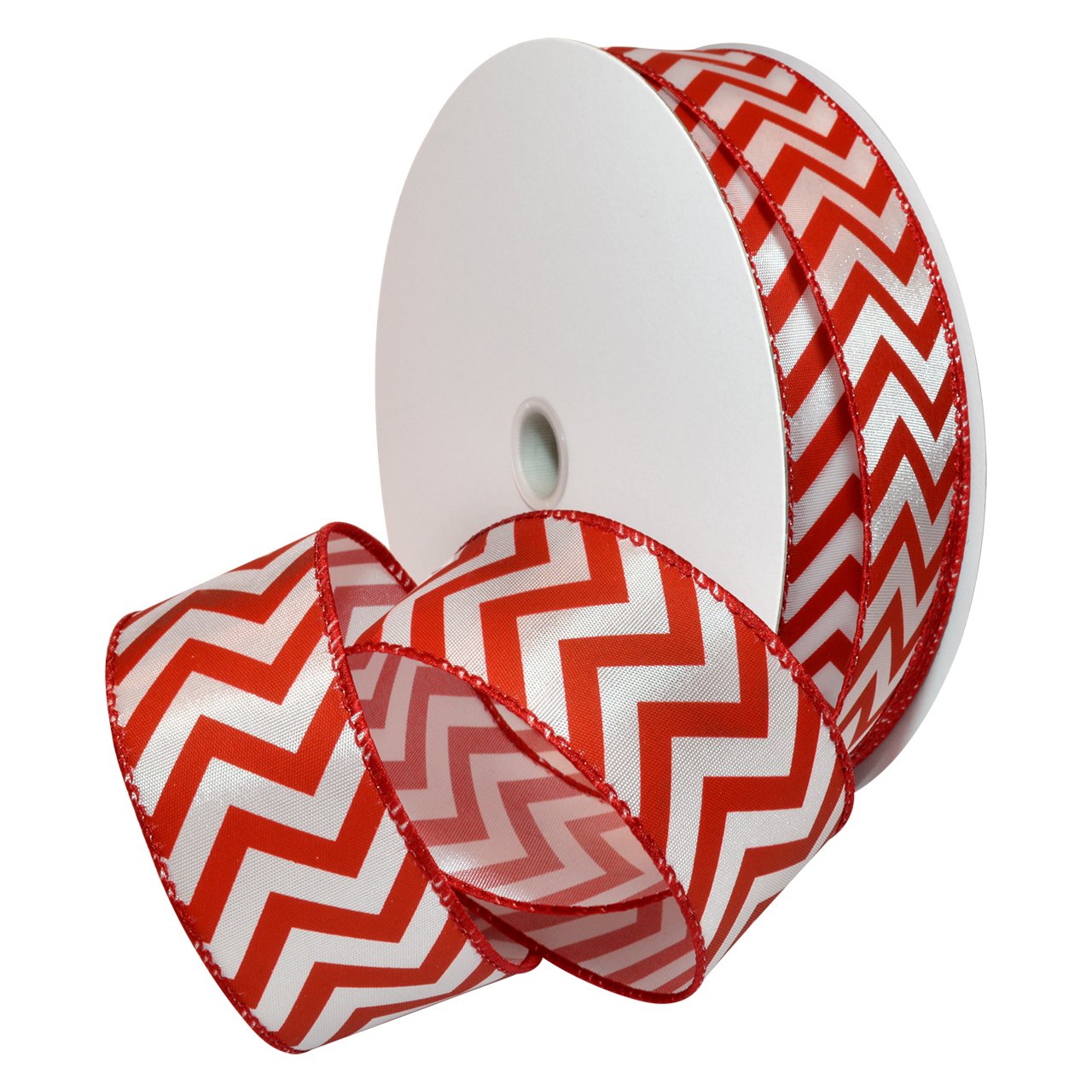 Morex 1-1/2 Inch x 50 Yard Wired Peppermint Chevron Polyester Ribbon - Red and White Striped Decorative Craft Ribbon for Gift Wrapping, Christmas Tree Decorations, DIY Crafts and Party Decor