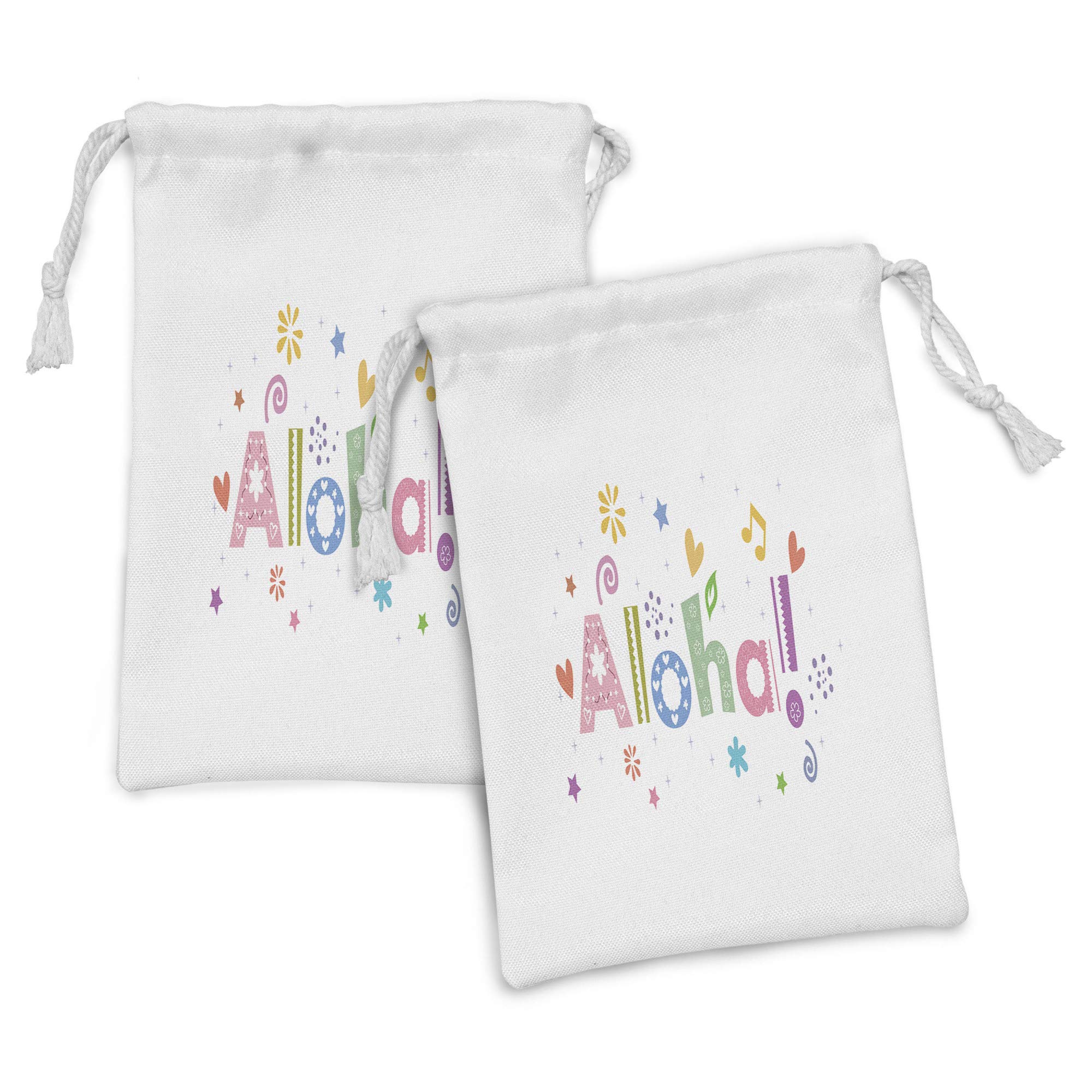 Ambesonne Aloha Fabric Pouch Set of 2 - Colorful Hawaiian Drawstring Bags with Swirls, Hearts & Floral Motifs (9
