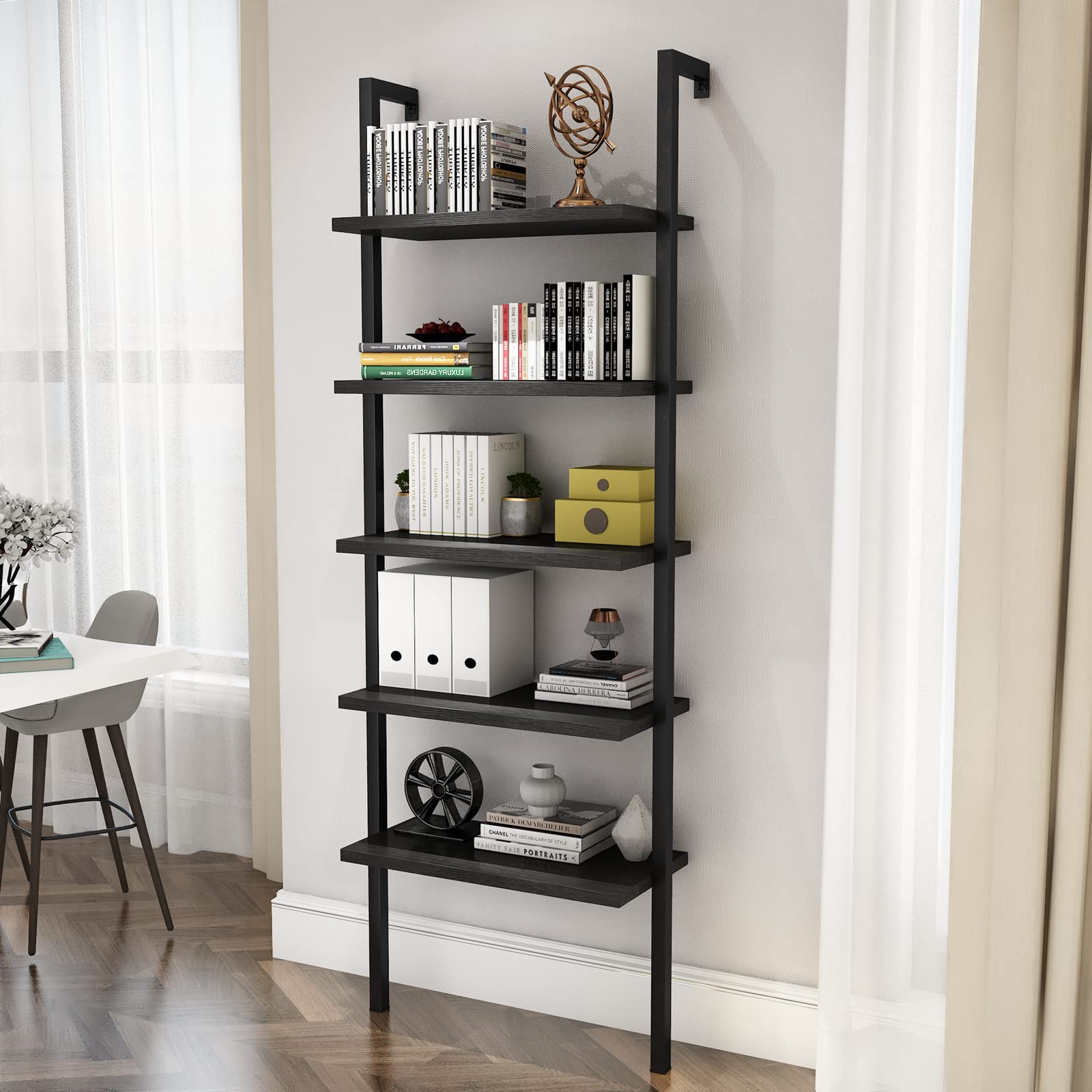 Industrial Wall Mounted Bookcase - 5-Tier Metal Ladder Bookshelf with Open Display Rack | Space-Saving Leaning Shelf for Living Room, Bedroom, Office & Balcony | Perfect for Small Spaces, Book Storage & Home Decor Organization