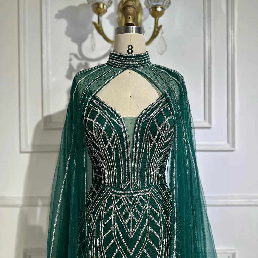 Luxury Dubai & Saudi Green Mermaid Evening Gown with Beaded Cape Sleeves - Arabic Formal Dress for Weddings, Galas & Special Occasions LA72838