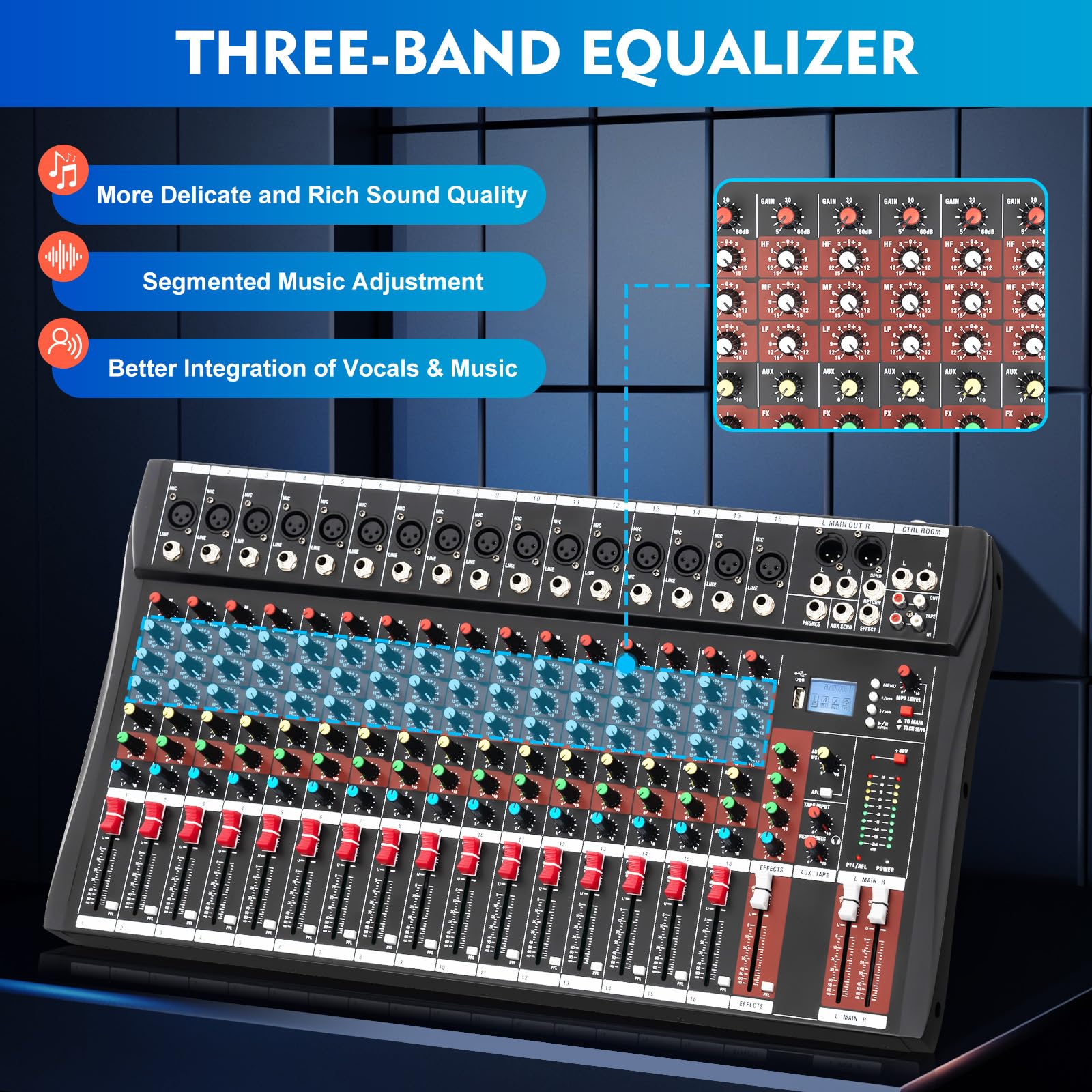 16 Channel Professional Audio Mixer with USB & Bluetooth - DJ Sound Controller & Studio Mixing Console for Live Performances, Recording, and Home Studios (Beginner & Pro Use)