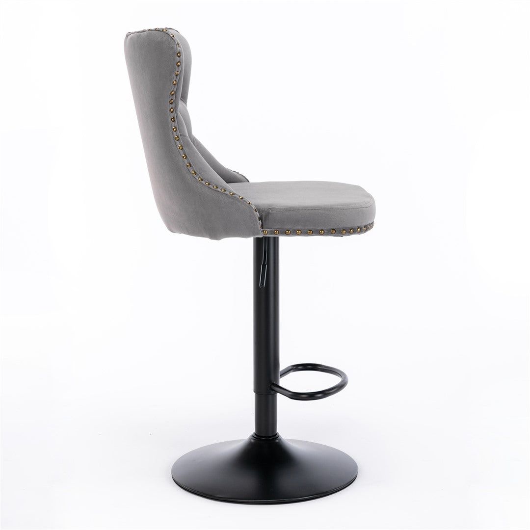 Adjustable Height Swivel Bar Stools with Footrest - Velvet Upholstered & Nailhead Trim - Perfect for Kitchen Islands, Home Bars & Dining Counter Seating