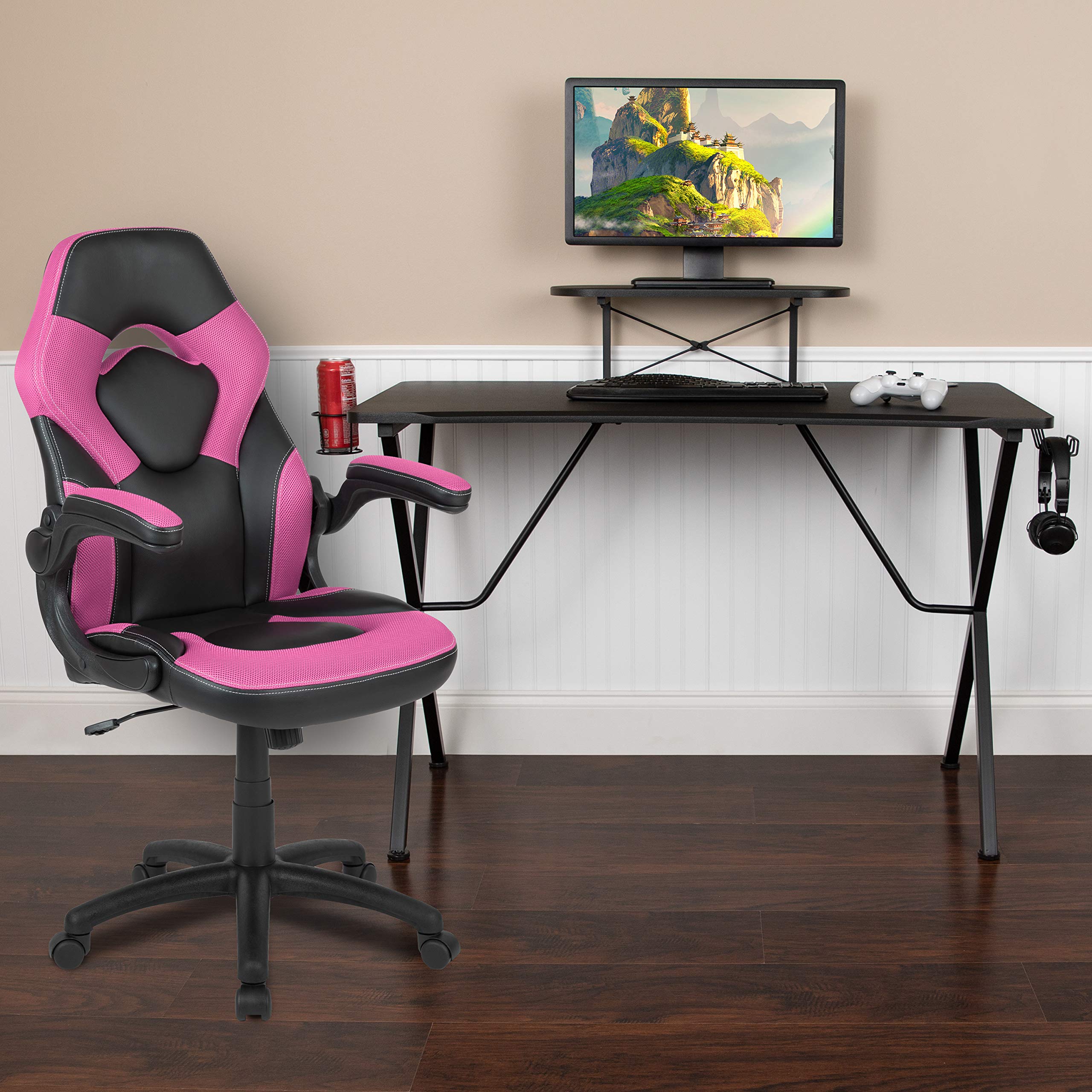 Black Pink Gaming Desk Set with Cup Holder & Headphone Hook for PC Setup