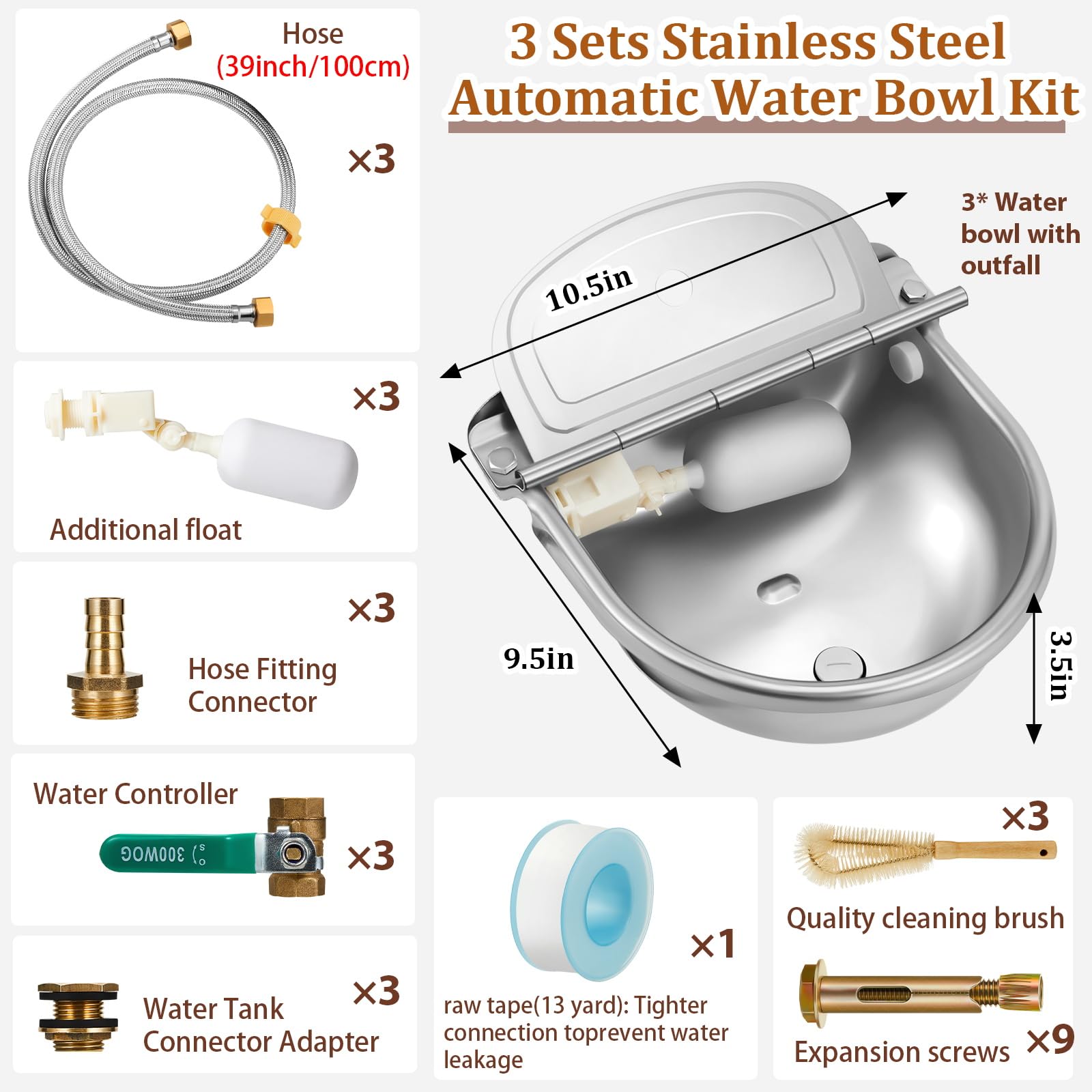 Tessco 3-Pack 4L/135oz Automatic Pet Water Bowl with Float Valve - Stainless Steel Self-Filling Water Dispenser for Dogs, Cats, Horses, Pigs & Goats | Indoor/Outdoor Use for Home, Farm, Kennel & Stable Hydration