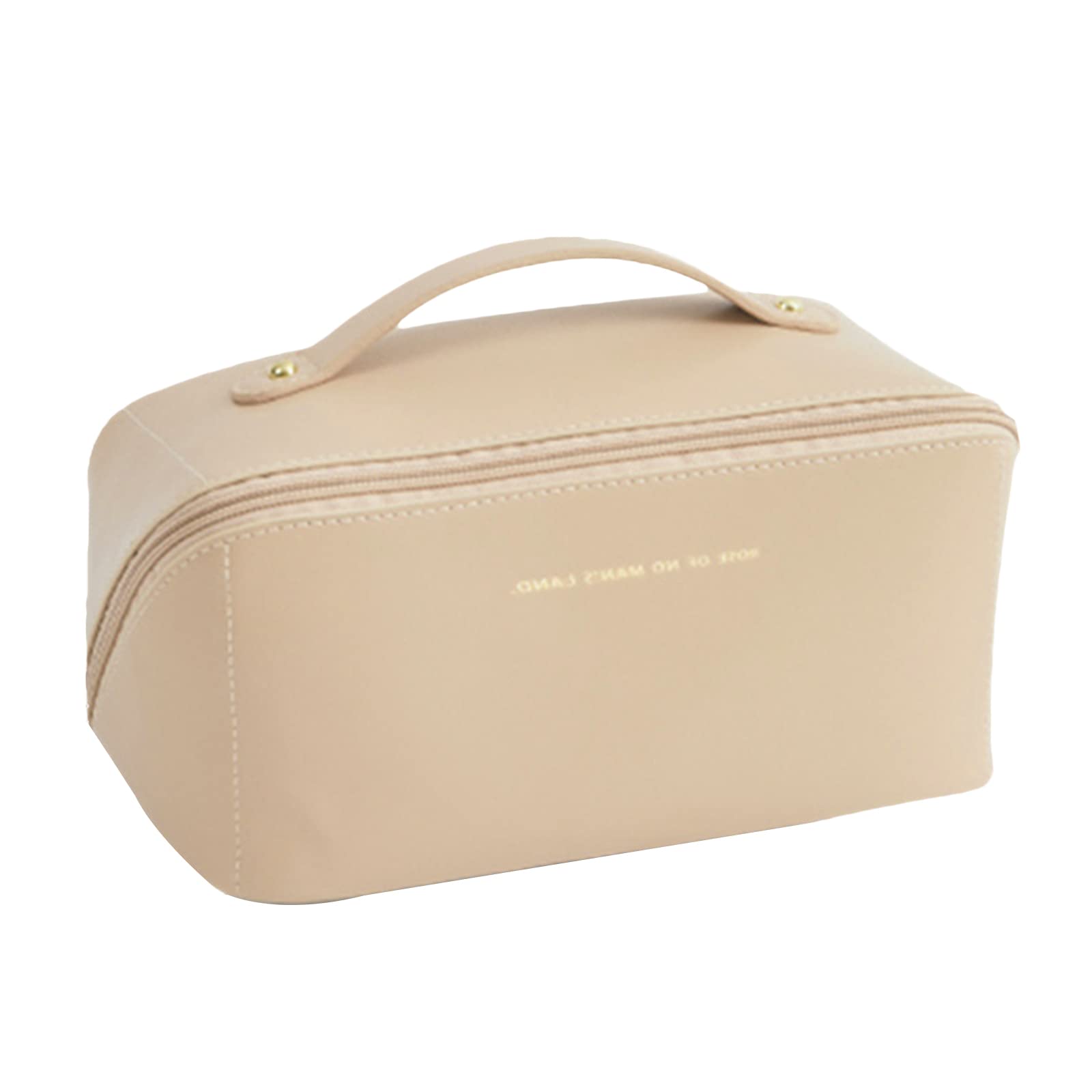 Large Capacity Beige Travel Cosmetic Bag with Handle & Divider - Multi-Layer Leather Makeup Organizer for Women | Portable Toiletry Storage for Cosmetics, Brushes & Skincare | Perfect for Travel, Gym & Daily Use