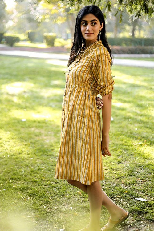 Stripe n Stairs Azofree Handblock Printed Pure Cotton Dress for Women | Breathable Summer Dress for Beach, Vacation & Casual Wear