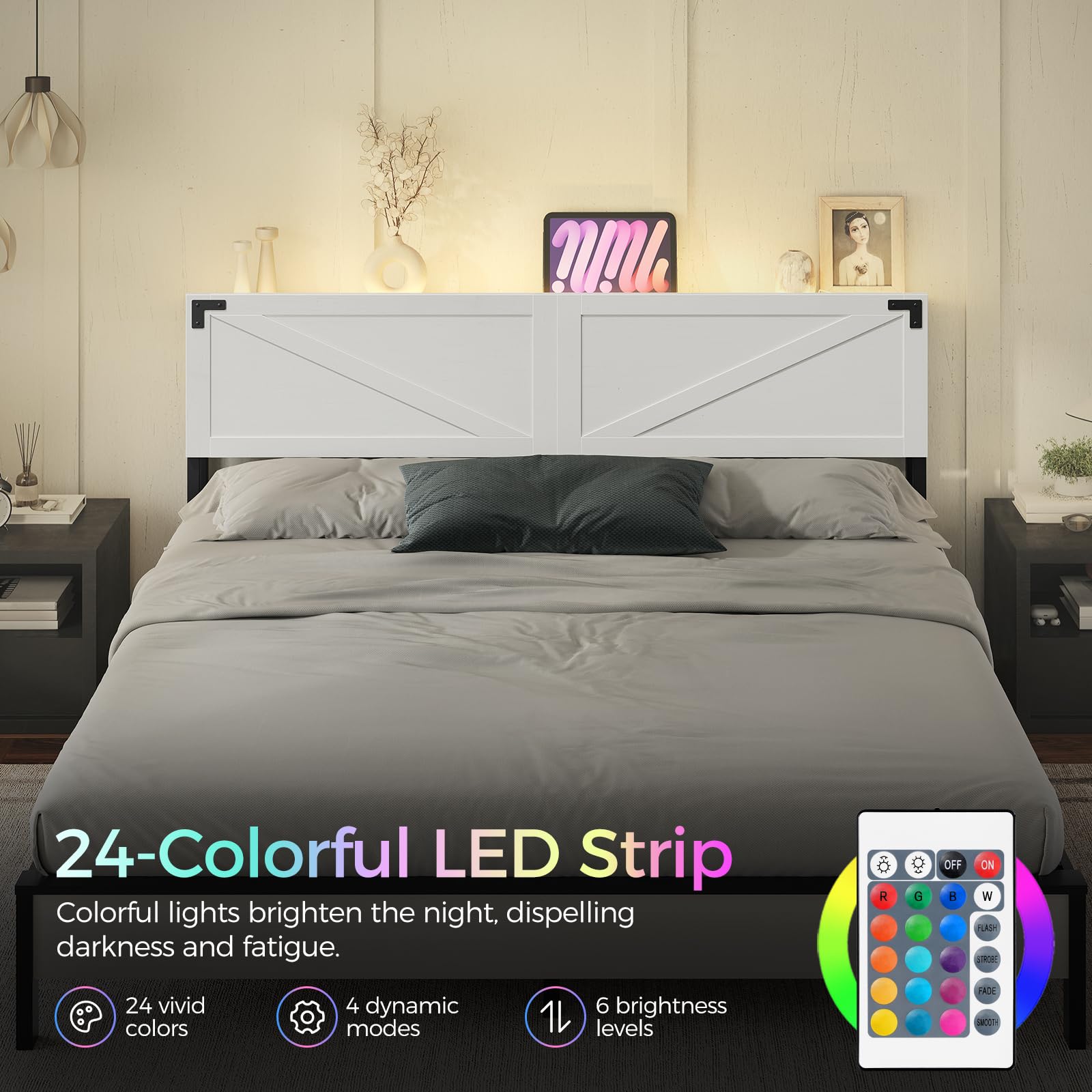 King Size Headboard with 2 Outlets & 4 USB Ports - Farmhouse Style LED Headboard with Secure Storage & Bed Frame Adapter - White & Black - Perfect for Bedroom Upgrade & Modern Home Decor