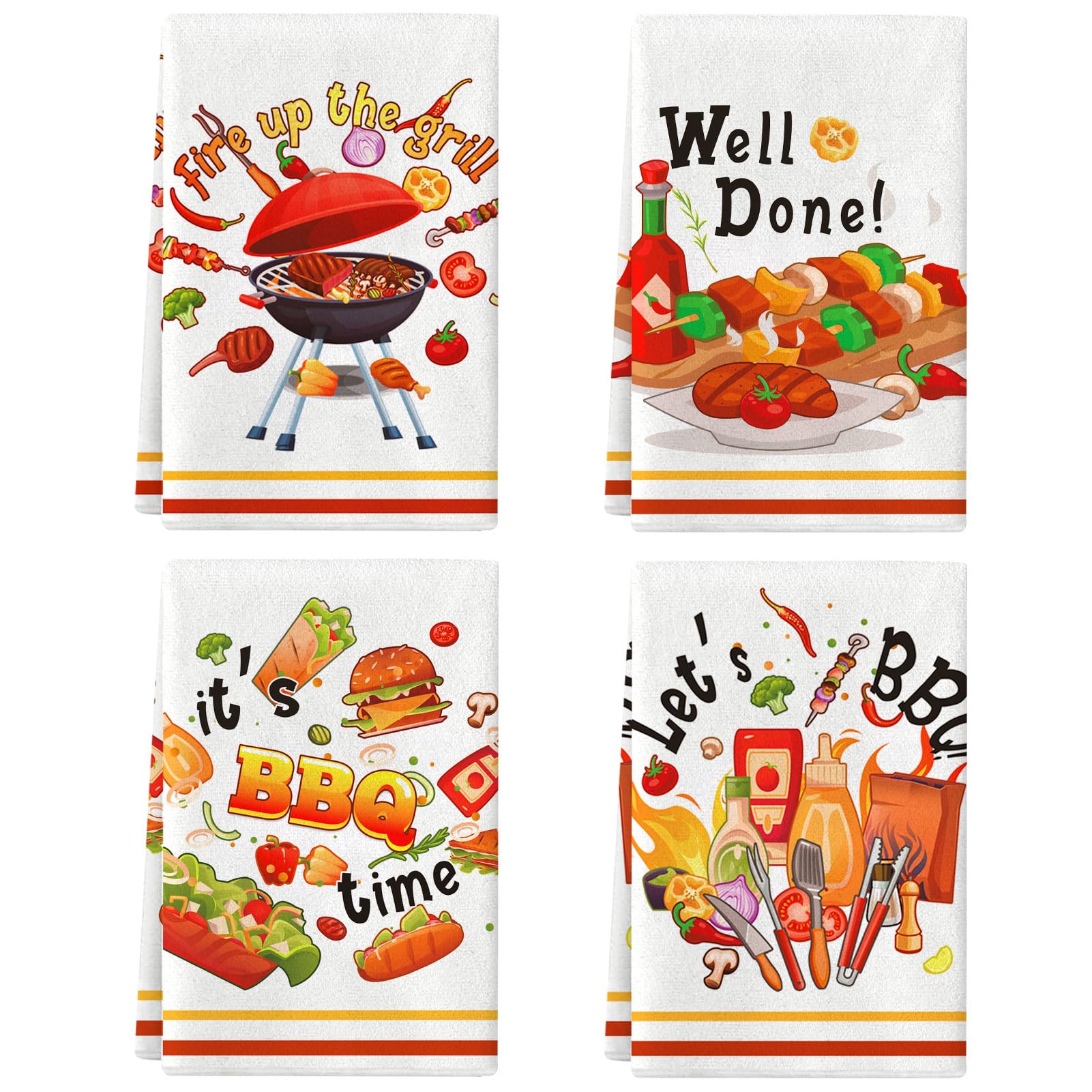 Lebsitey BBQ Kitchen Towels Set of 4 - Funny Printed Absorbent Hand Towels for Cooking, Baking & Grilling (24x16 Inch) | Perfect for Outdoor BBQ, Picnics & Kitchen Decor