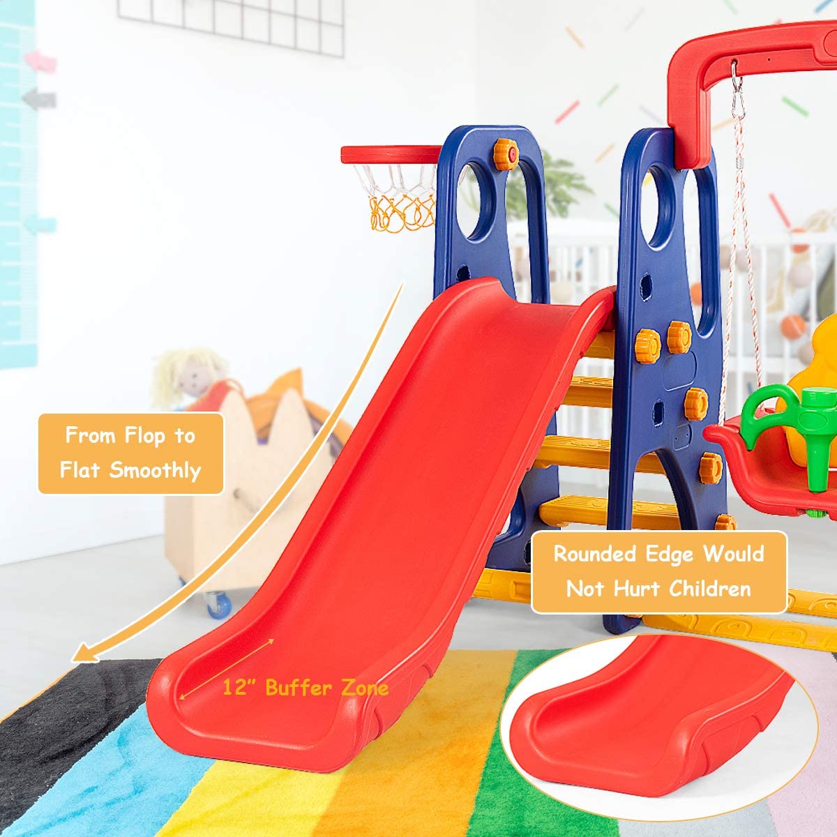 **HOMGX 4-in-1 Kids Slide and Swing Set - Outdoor & Indoor Playground for Toddlers with Basketball Hoop, Climbing Stairs & Long Slide - Easy Setup Backyard Playset for Boys & Girls - Perfect for Gardens, Parks, and Playrooms**