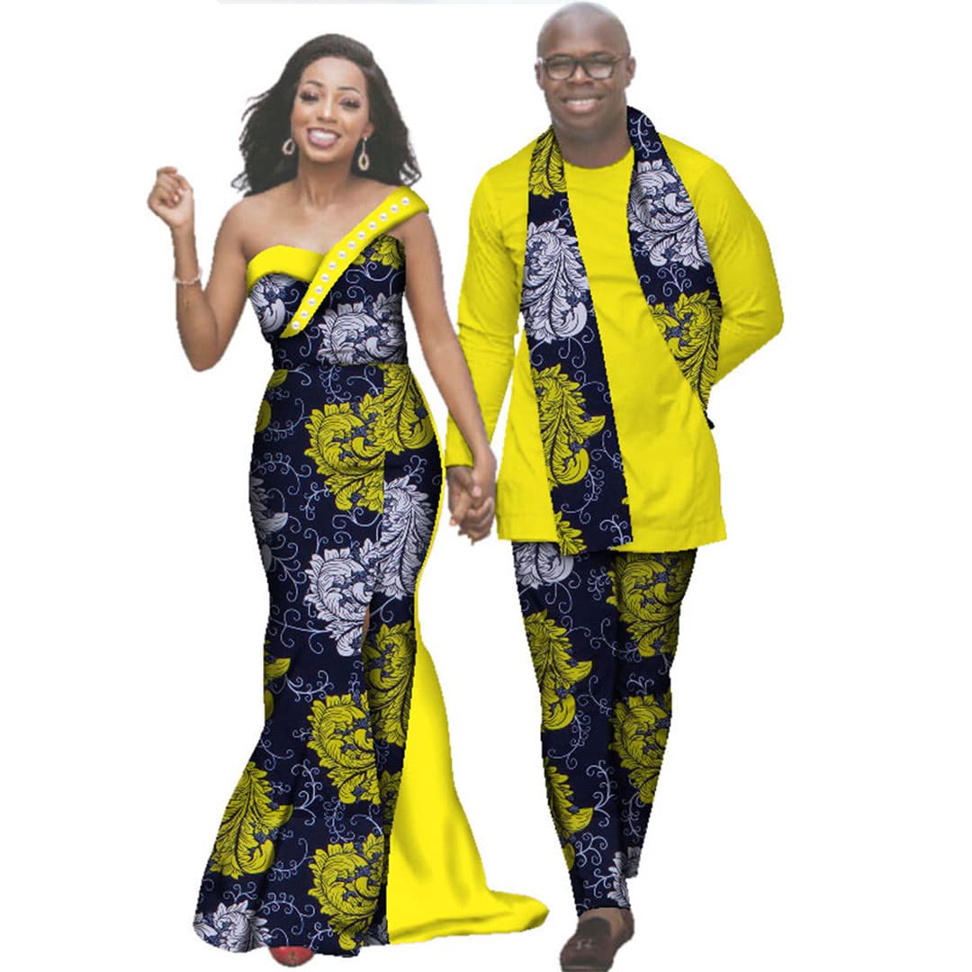 African Print Dresses for Women & Men - Matching Couple Outfits, Long Sleeve Shirt and Pants Sets (XXXL) - Perfect for Weddings, Cultural Events and Date Nights