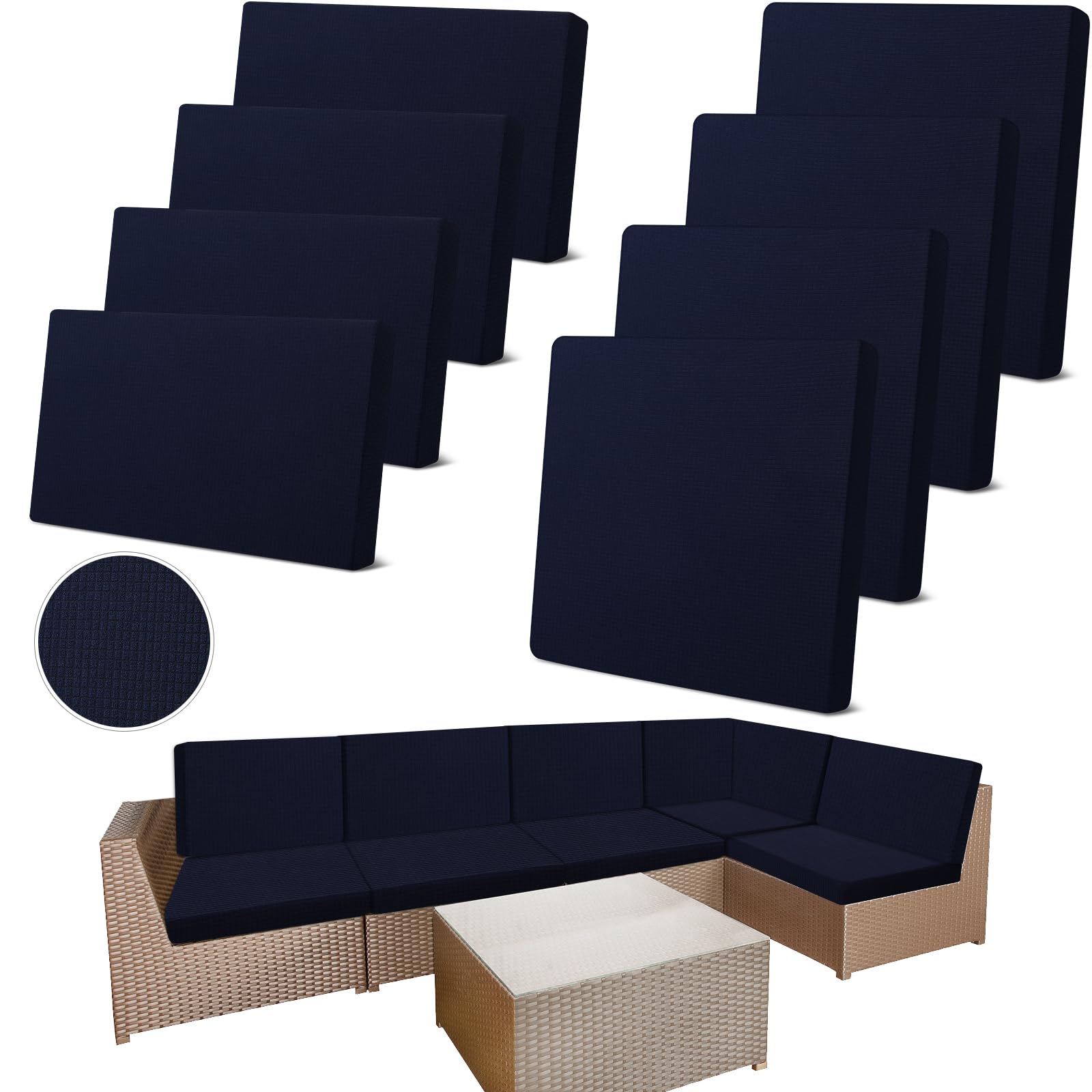 Newwiee 8-Piece Outdoor Cushion Covers Set - Waterproof Stretch Sofa Slipcovers for Patio Furniture (4 Backrest + 4 Seat Covers) - Navy Blue - Durable UV Resistant Replacement Covers for Outdoor Sofa, Chair & Couch Protection - Perfect for Backyard, Deck, Poolside & Garden Use