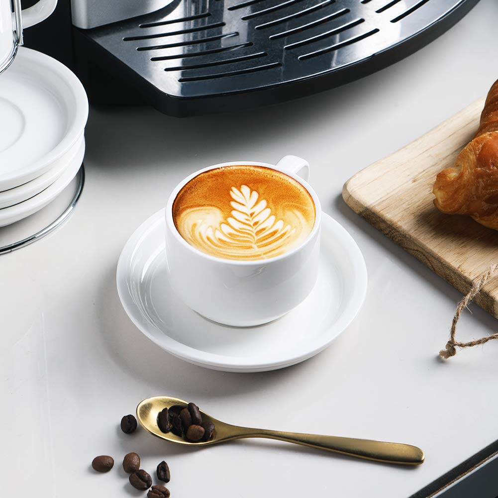 Premium 4oz Ceramic Espresso Cups with Saucers & Metal Stand - Stackable Cappuccino, Latte & Tea Set of 4 (Black) - Perfect for Home Coffee Bars, Cafés & Gifts