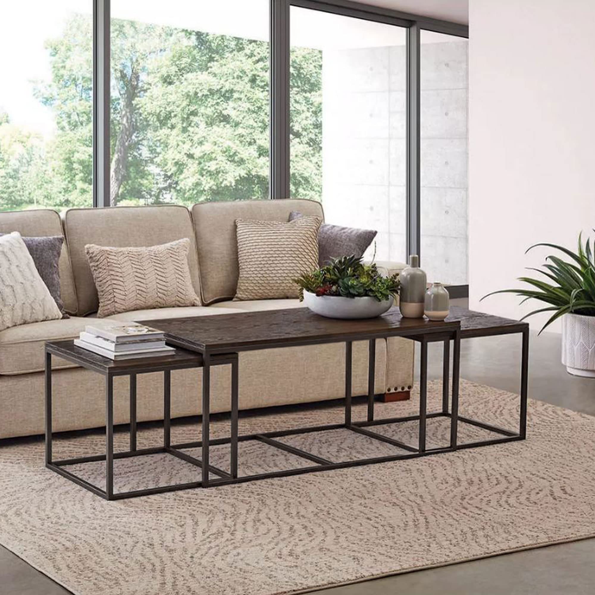 Modern Steel Nesting Coffee Table Set - 3-Piece, Brown, 48