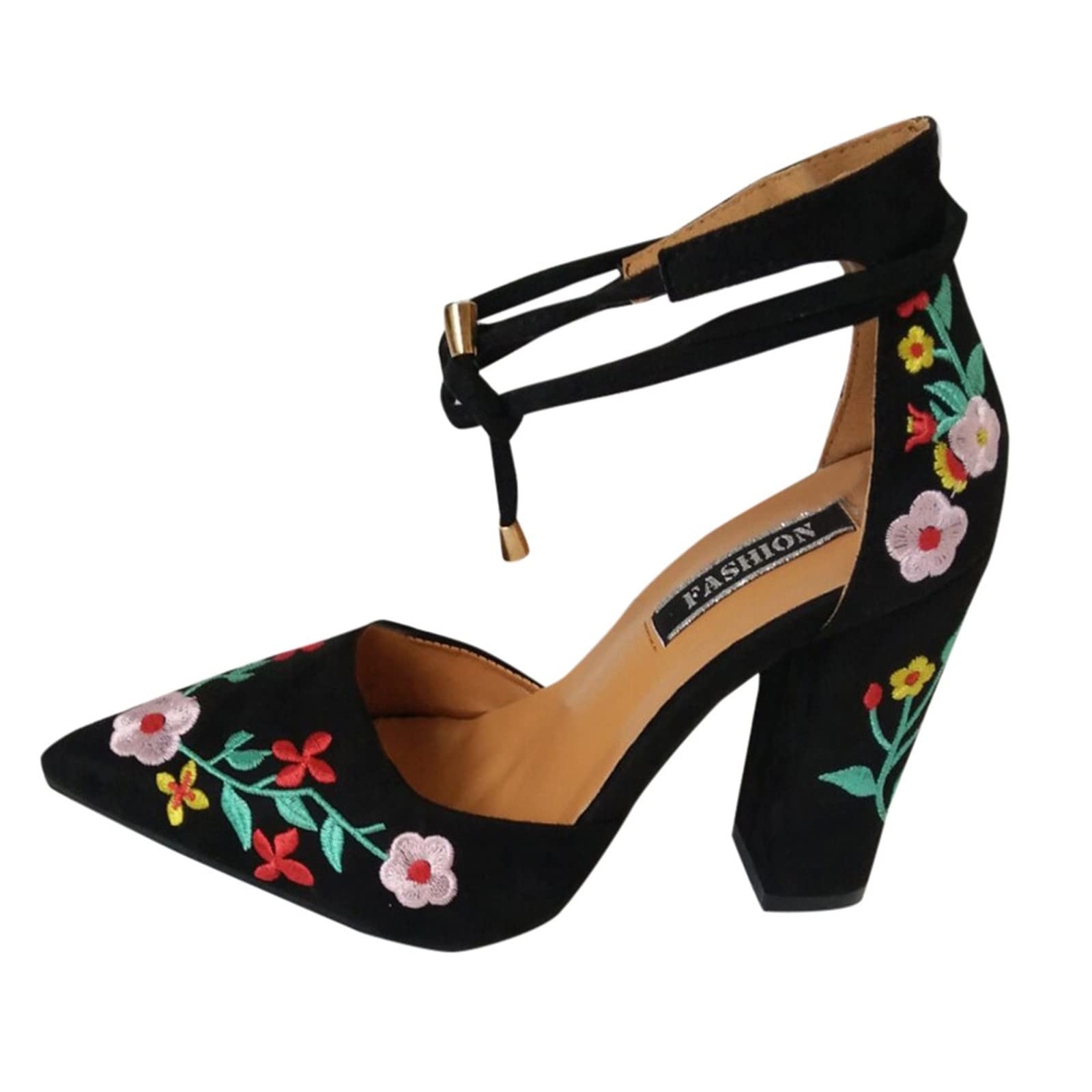 Thick Frosted Casual High Heel Pointed Toe Embroidered Sandals for Women - Size 38 - Perfect for Summer Outings, Parties, and Date Nights