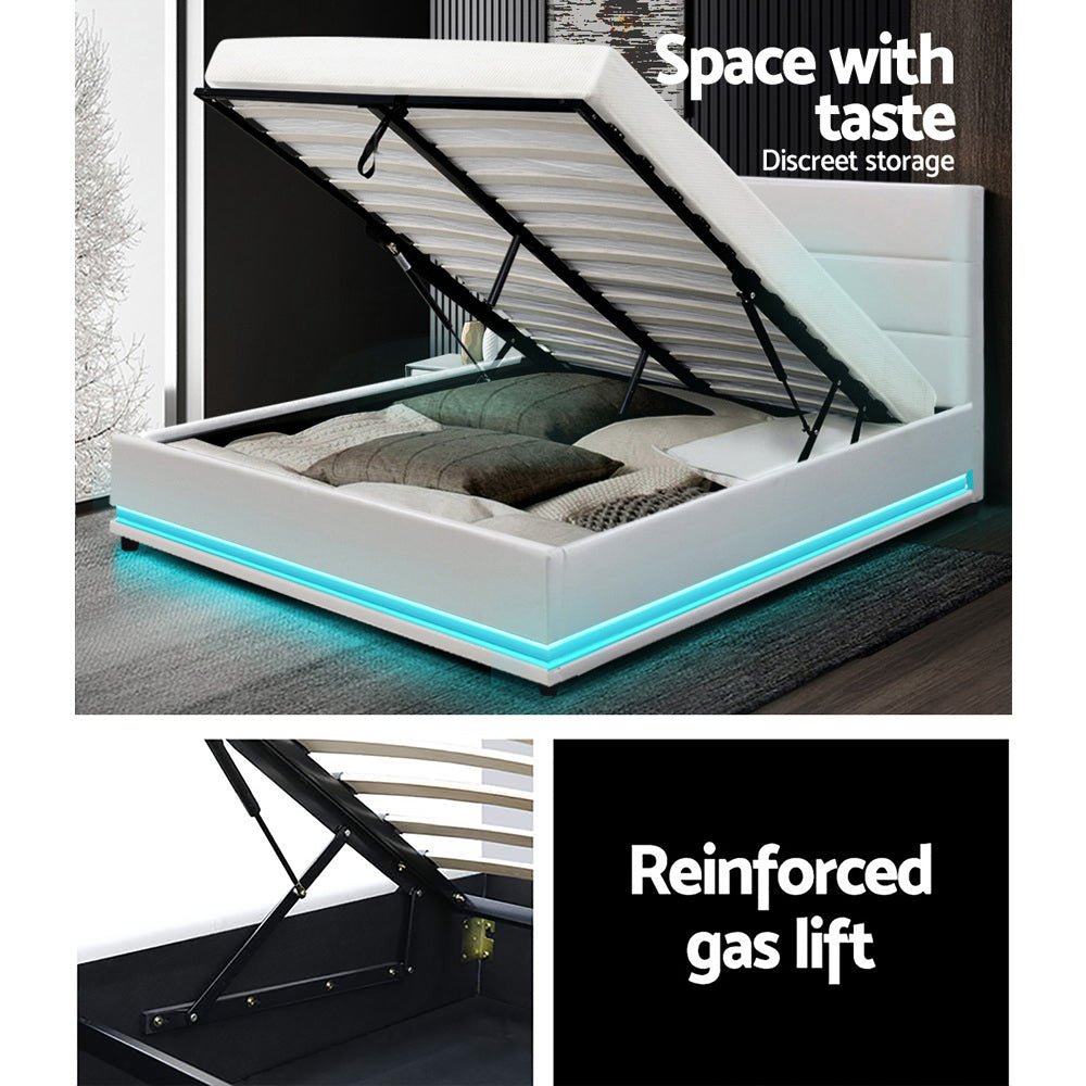 Henley Double Gas Lift Storage Bed Frame with LED Lights - White | Modern Platform Bed with Hidden Storage & Adjustable Lighting for Bedroom