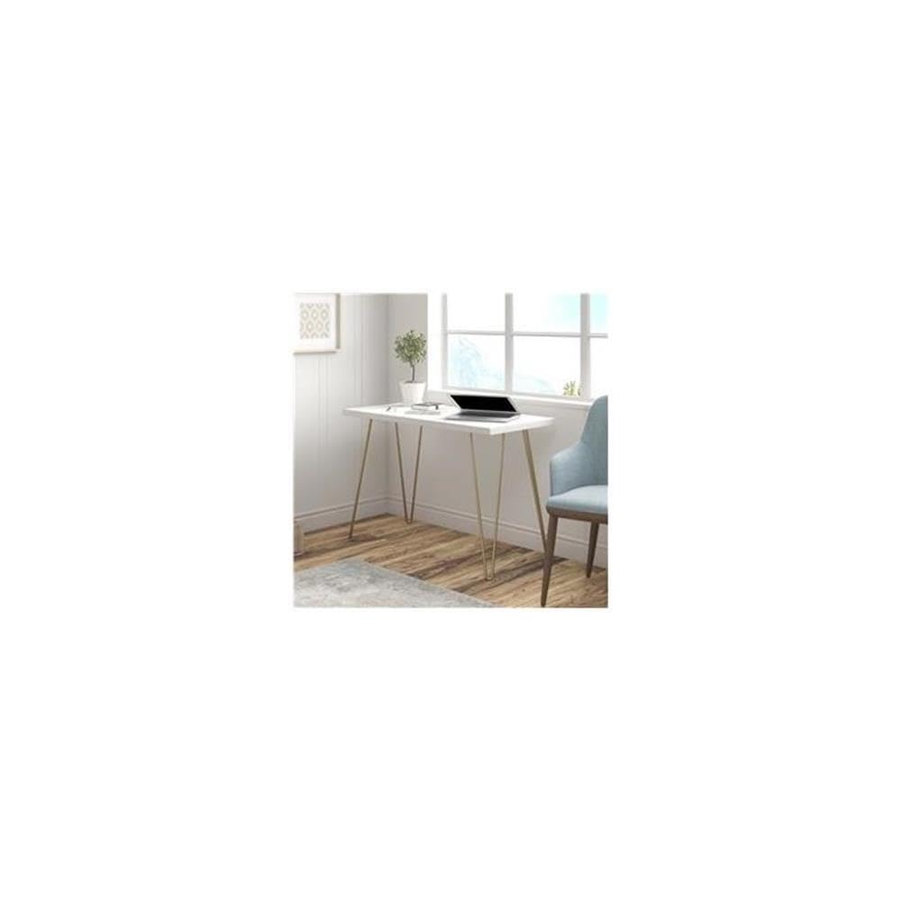 Vintage Mid-Century Modern White and Gold Wooden Computer Desk - Pemberly Row Retro Home Office Desk for Study, Work, and Gaming