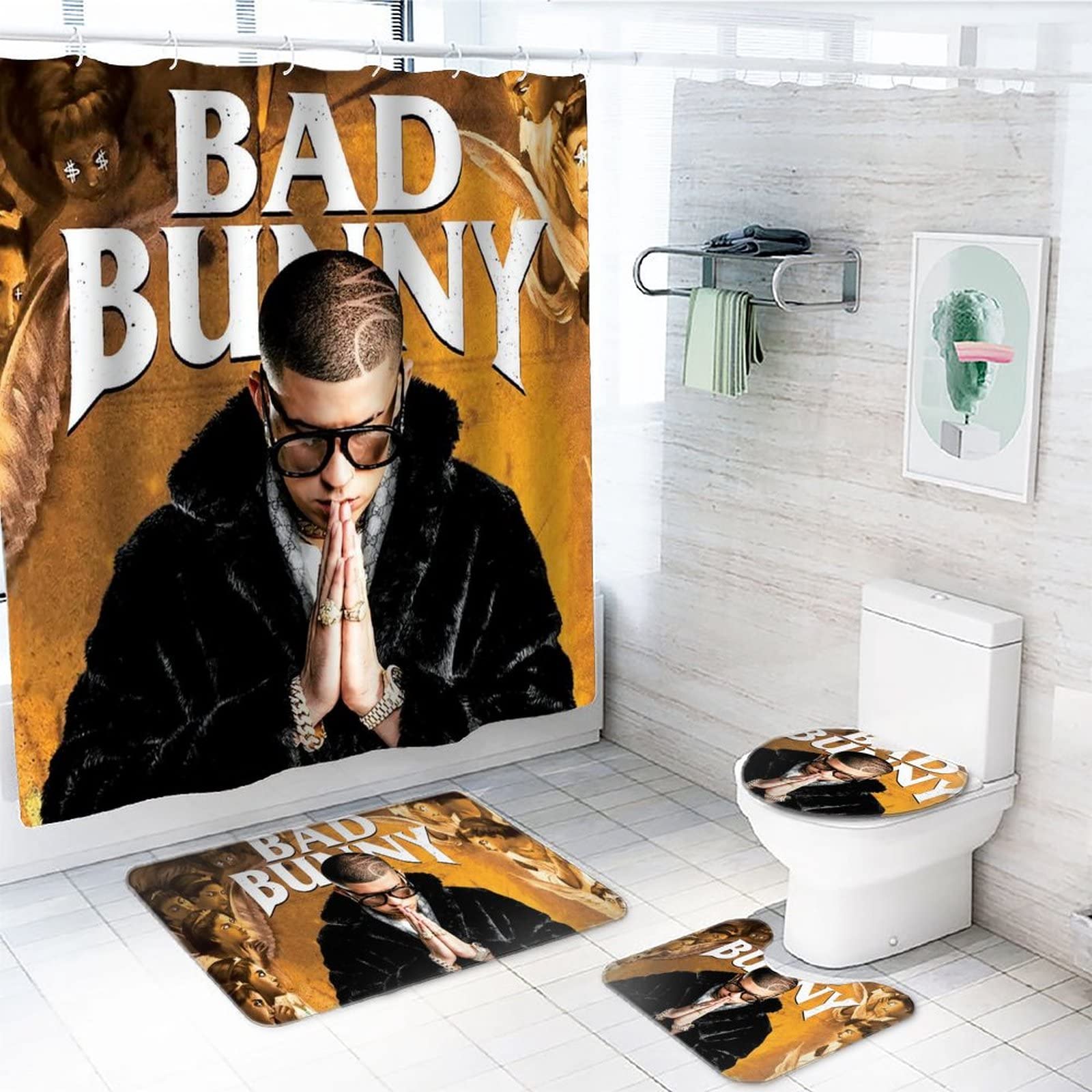 Bad Bu-NNY Bathroom Decor Set - Non-Slip Toilet Seat Cover, Shower Curtain & Bath Mat - Cozy Bathroom Accessories for Home, Apartment & Guest Bath