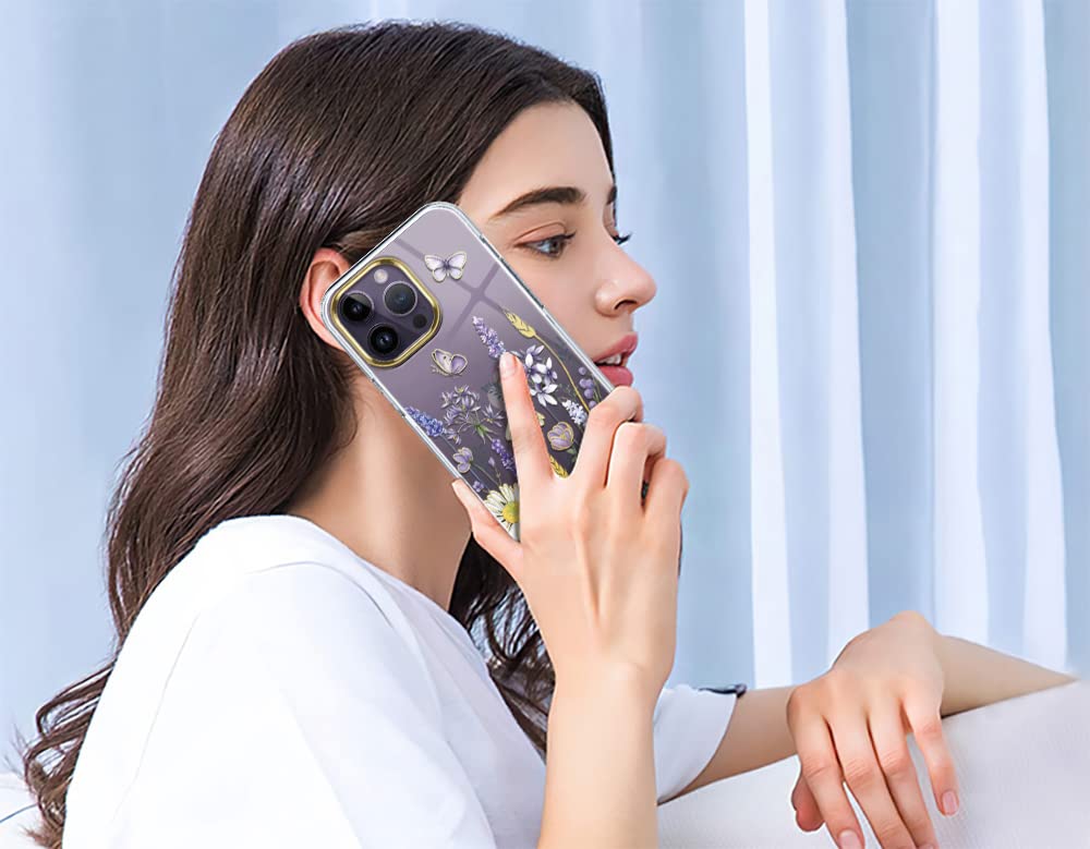 Luolnh iPhone 14 Pro Max Case with Floral Design - Shockproof Clear Hard Back Cover for Women (6.7 inch 2022 Model, Blue Purple Wildflower) - Perfect for Everyday Protection & Stylish Accessory