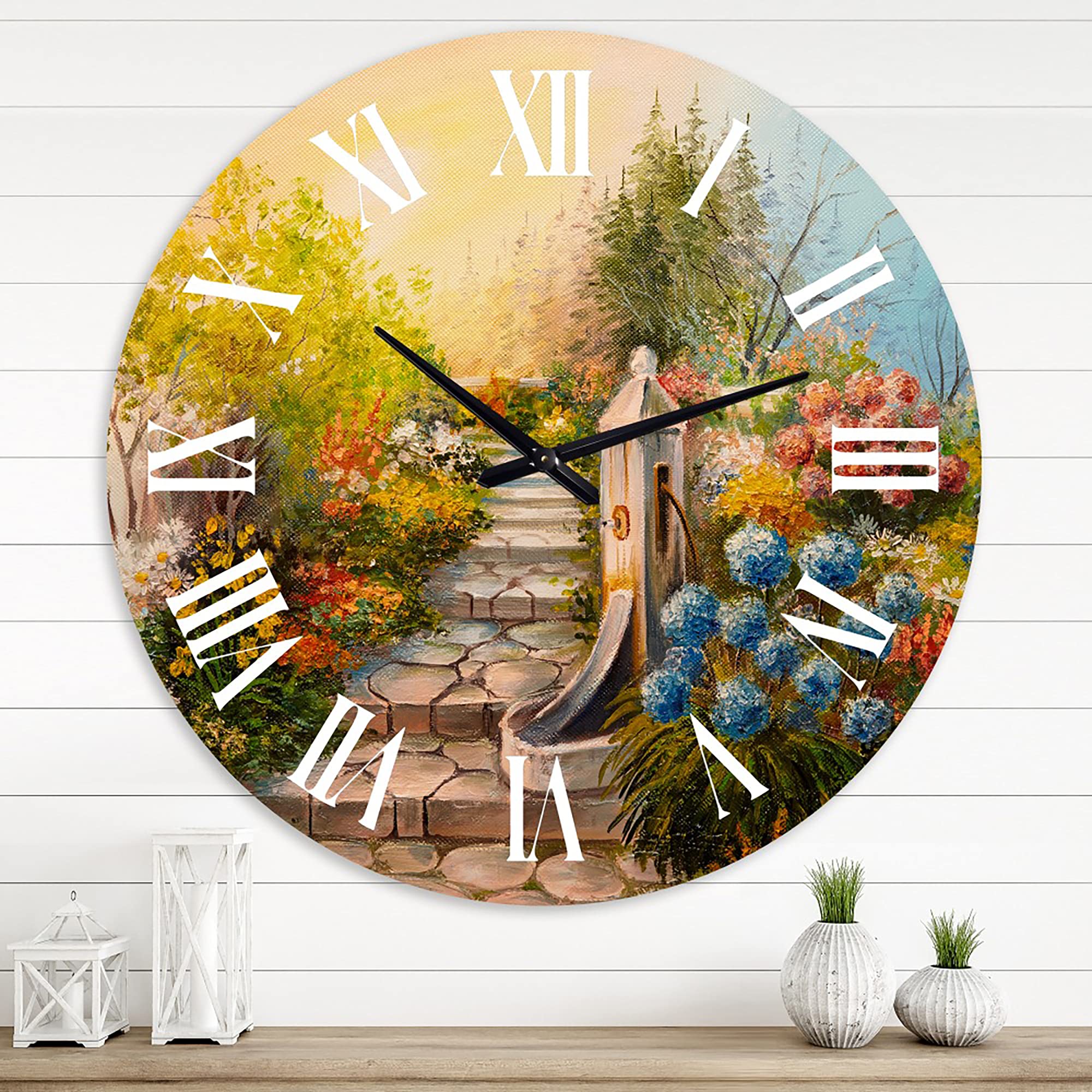 DesignQ Traditional Wall Clock 'Stone Stairs in The Blossoming Forest' - Large Landscape Nature Wall Clock for Bedroom, Living Room, Office Decor - Perfect for Home & Office Interior Design