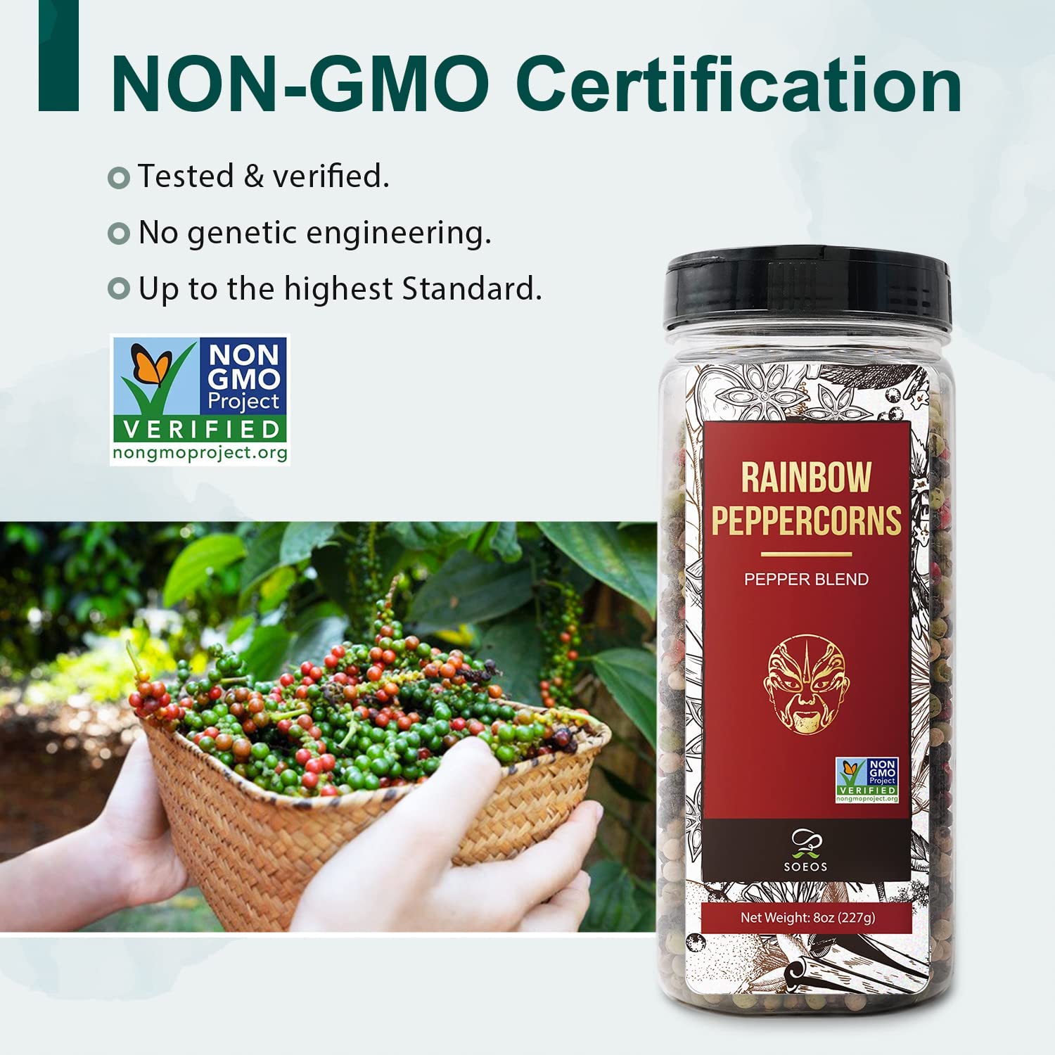 Soeos Rainbow Peppercorns 16oz (Pack of 2) | Non-GMO, Kosher Certified | Whole Peppercorns for Grinder Refill | Freshly Packed for Long-Lasting Flavor | Perfect for Cooking, Seasoning & Gourmet Dishes